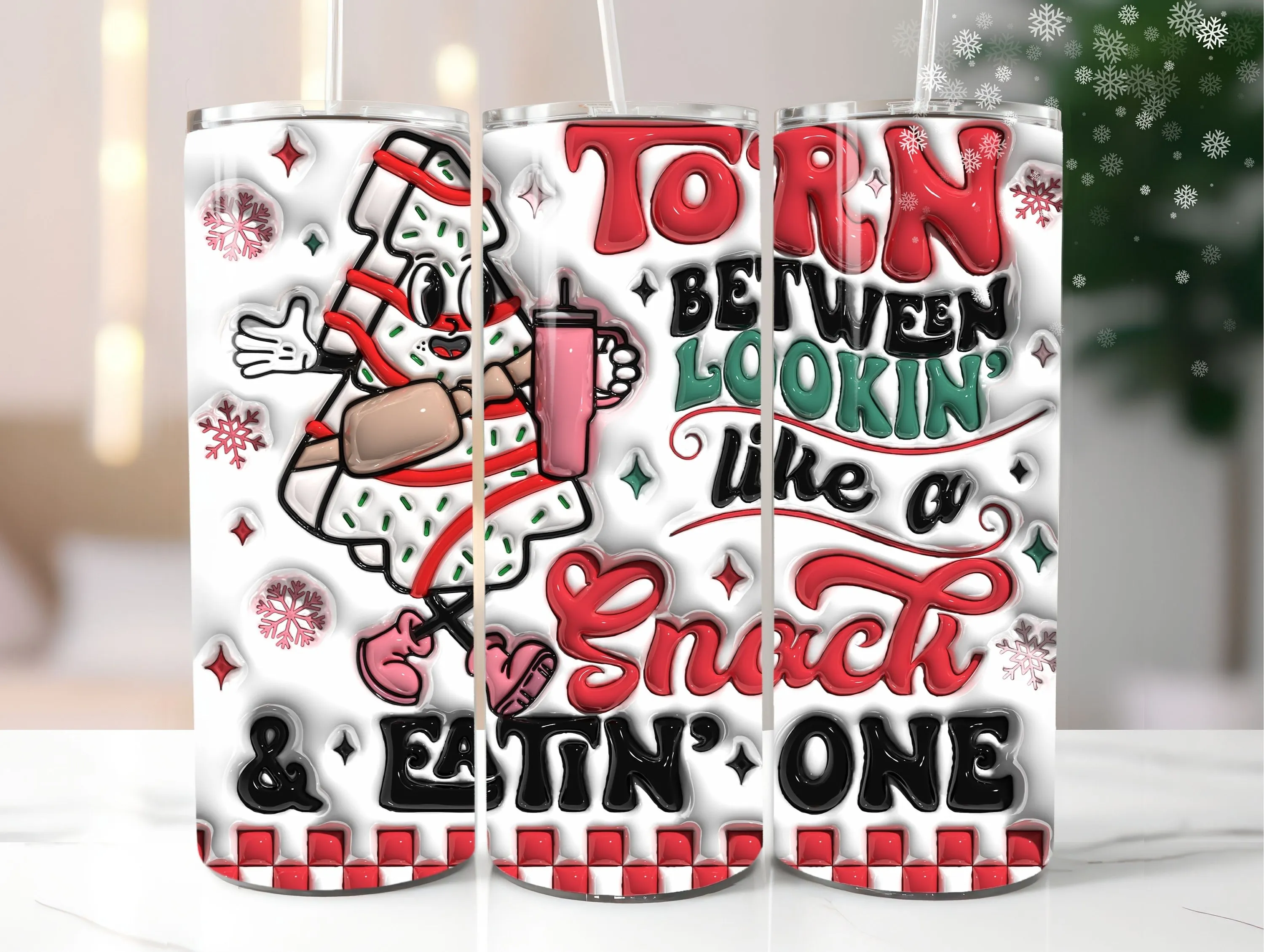 3D Seamless Retro Christmas Tree Cakes Inflated Tumbler Wrap PNG, Puffy Snack Cake Xmas 20oz Tumbler Sublimation Design, Instant Download