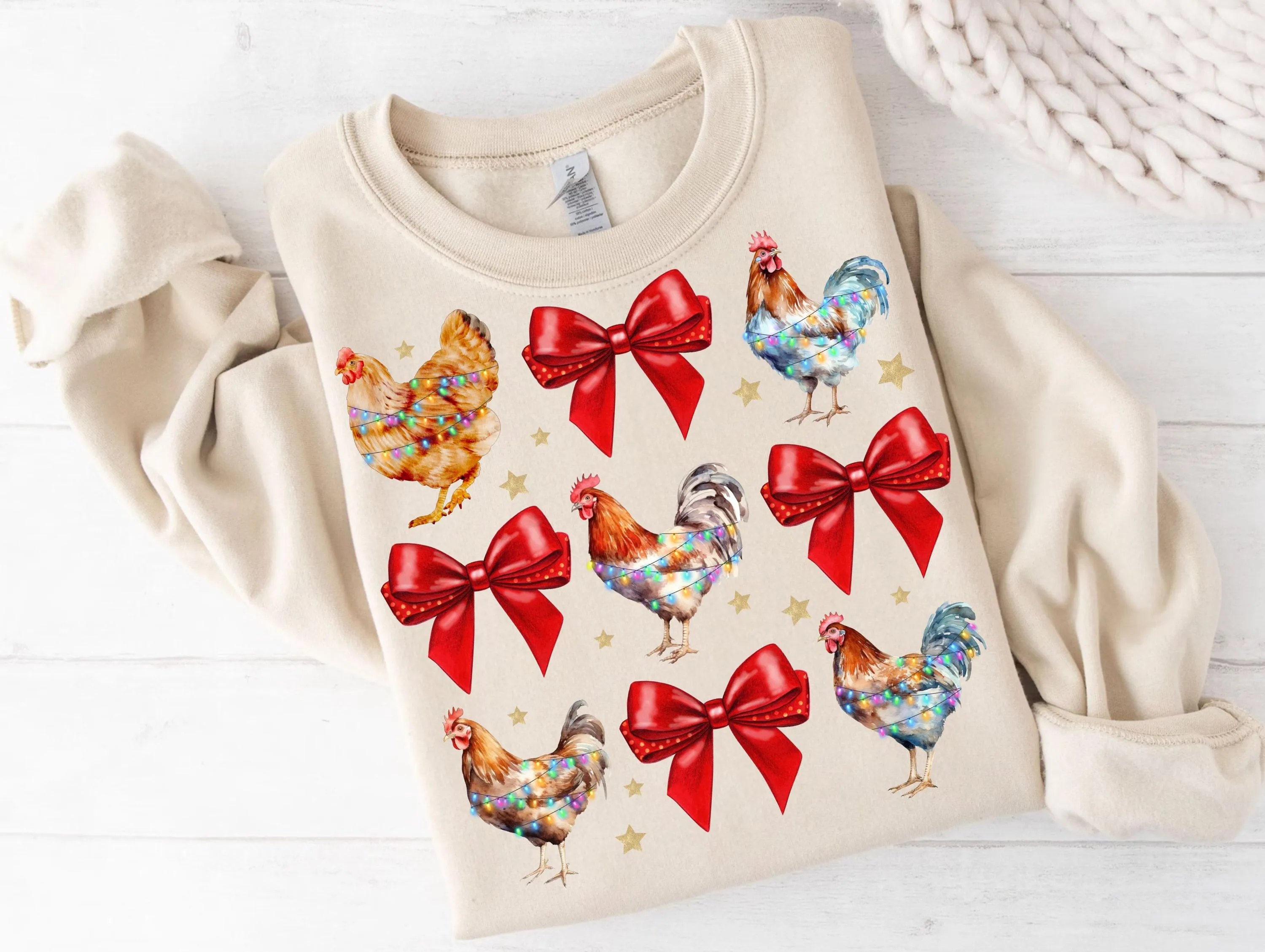 Festive Farm Christmas Chicken Crochet PNG Design | Rooster Hen Holiday Lights Red Bow Gold Stars for Sublimation Sweatshirt T-Shirt