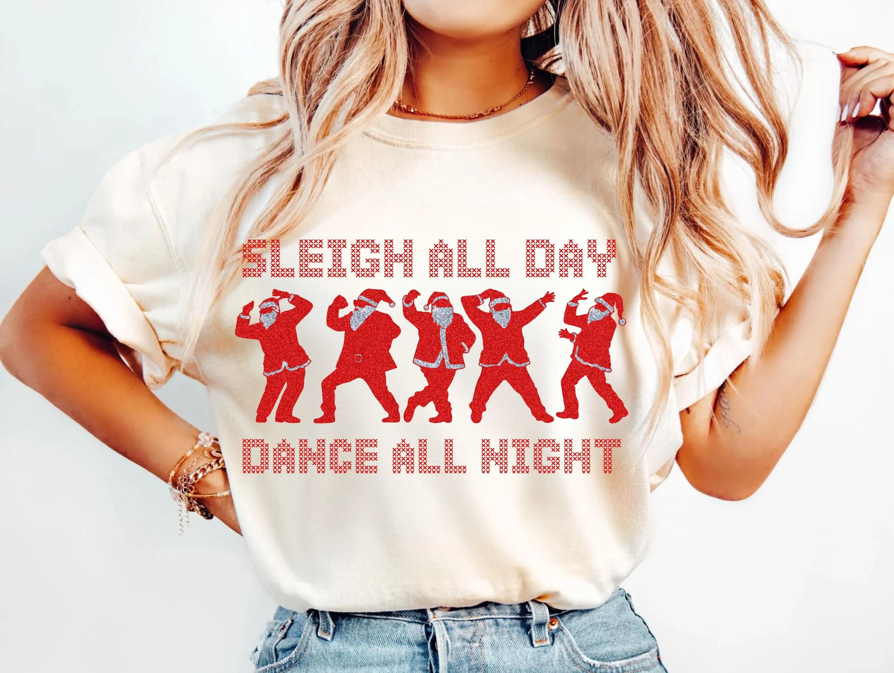 Sleigh All Day Dance All Night Christmas Santa Dancing Design, Red Glitter Holiday Digital Download Transparent PNG for T-shirts Sweatshirts