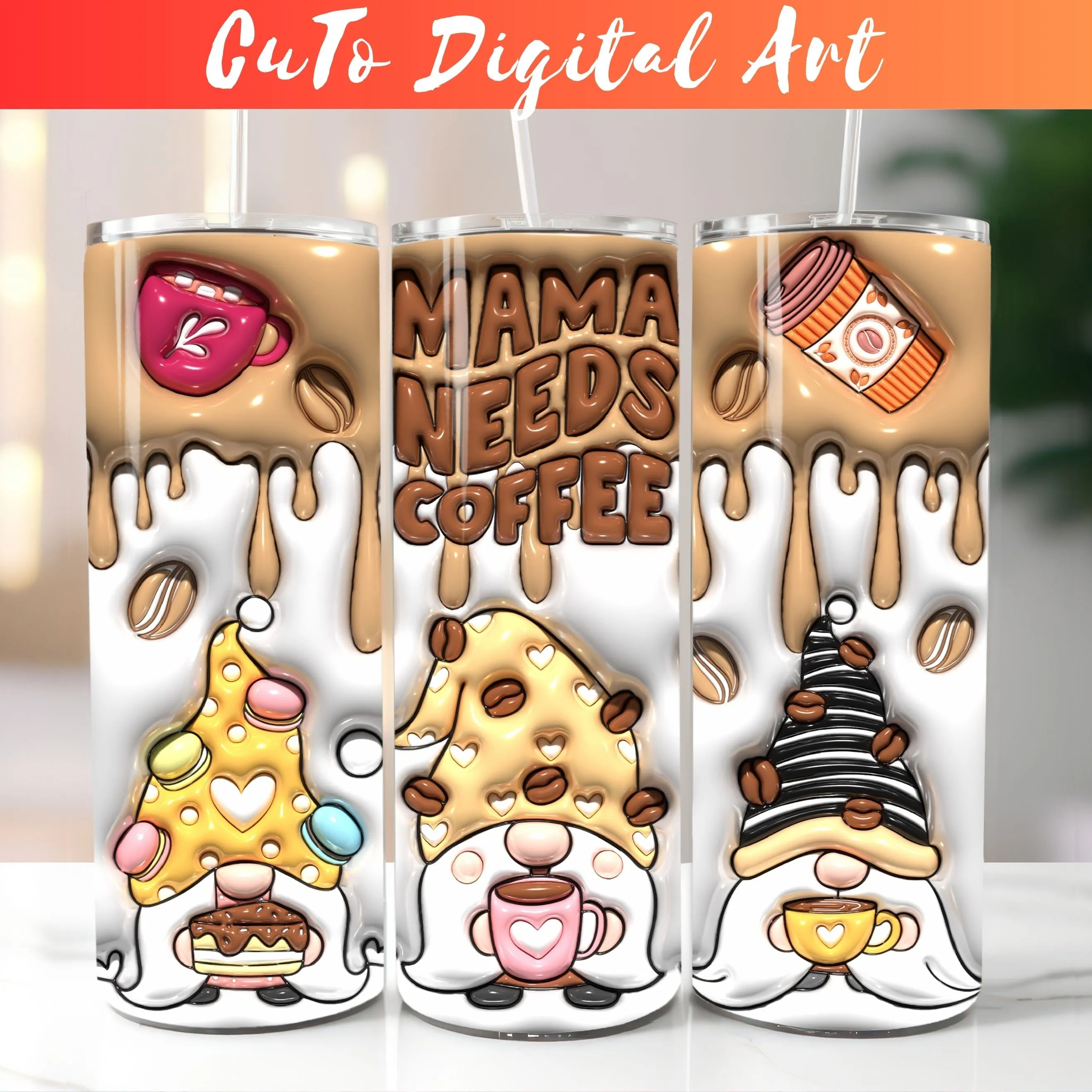 3D Seamless Inflated Coffee Gnomes Tumbler Wrap PNG, Puffy 20oz Skinny Tumbler Sublimation Template, Tumbler Wrap Design Straight & Tapered