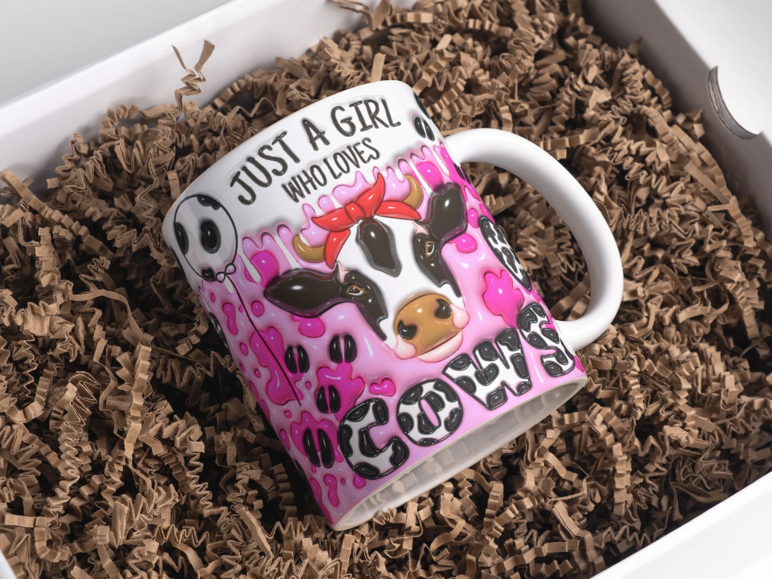 3D Just A Girl Who Loves Cows Inflated Mug Wrap Sublimation Design 11oz & 15oz, Pink Puffy Cow Mug PNG, Mug Template For Sublimation