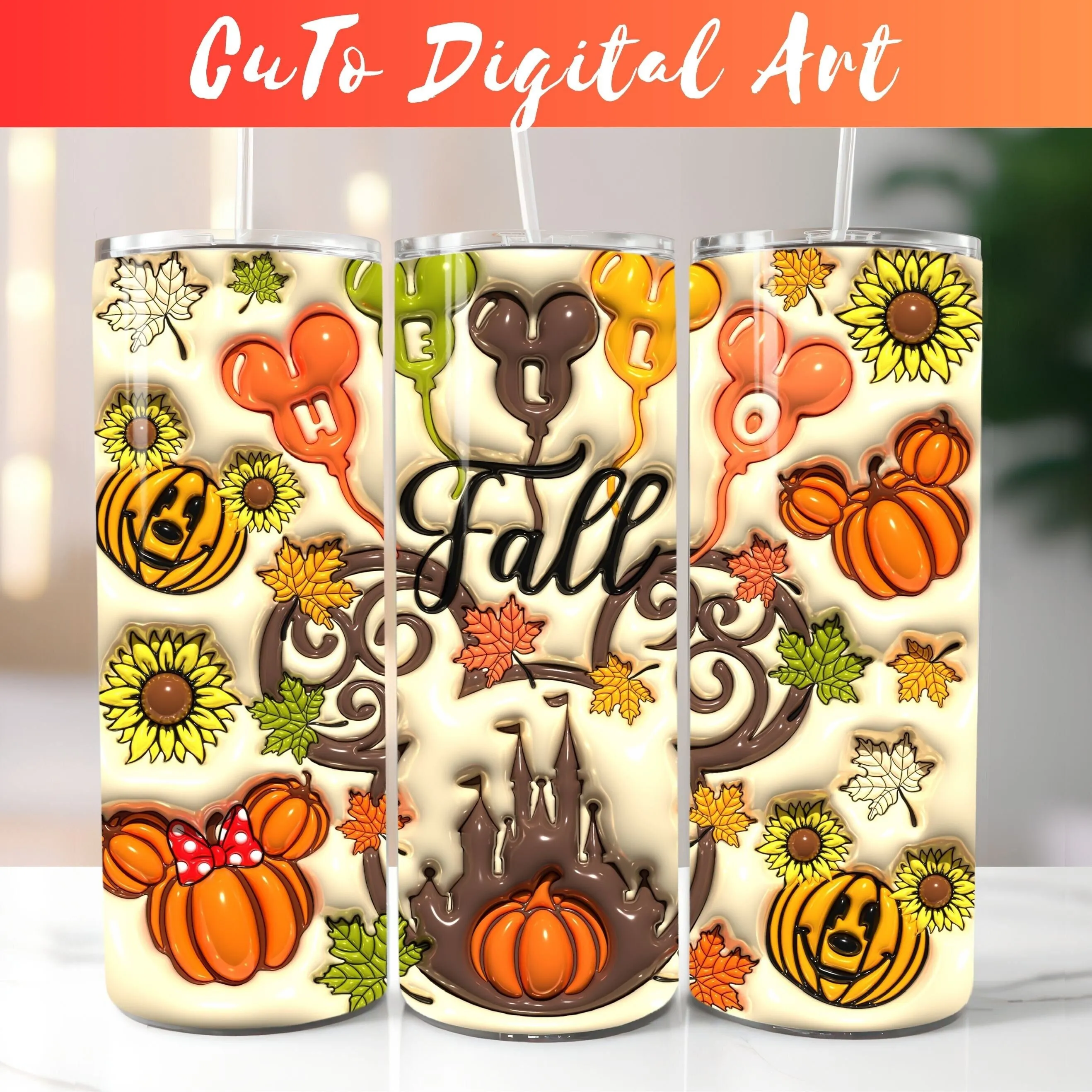 3D Inflated Cartoon Fall Tumbler Wrap PNG - 3D Puff Autumn 20oz Skinny Tumbler Sublimation Design - 3D Tumbler Wrap Straight And Tapered