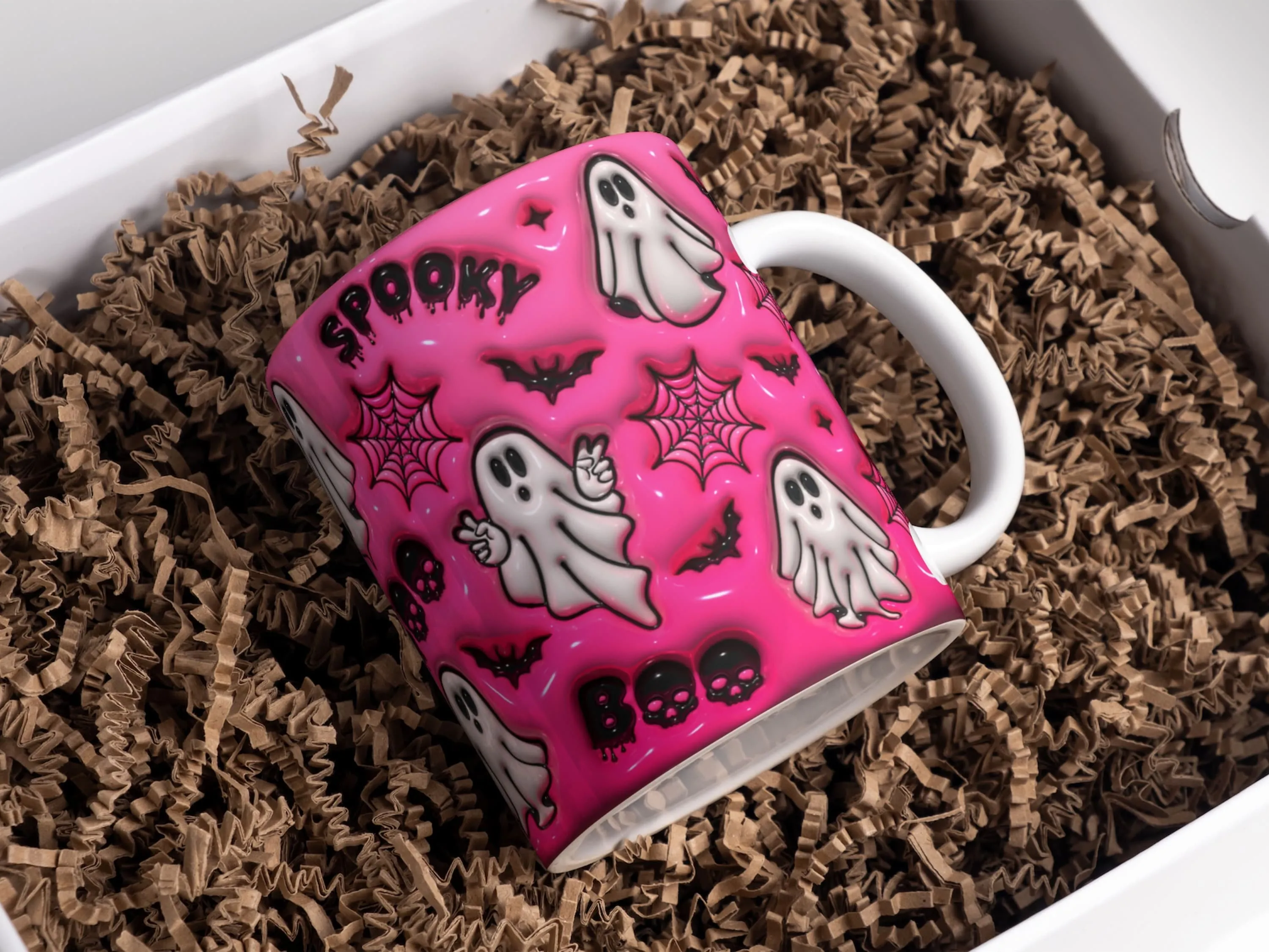 3D Pink Halloween Inflated Mug Wrap Sublimation Design 11oz & 15oz, Puffy Spooky Ghost Mug PNG Sublimation Design, Digital Download
