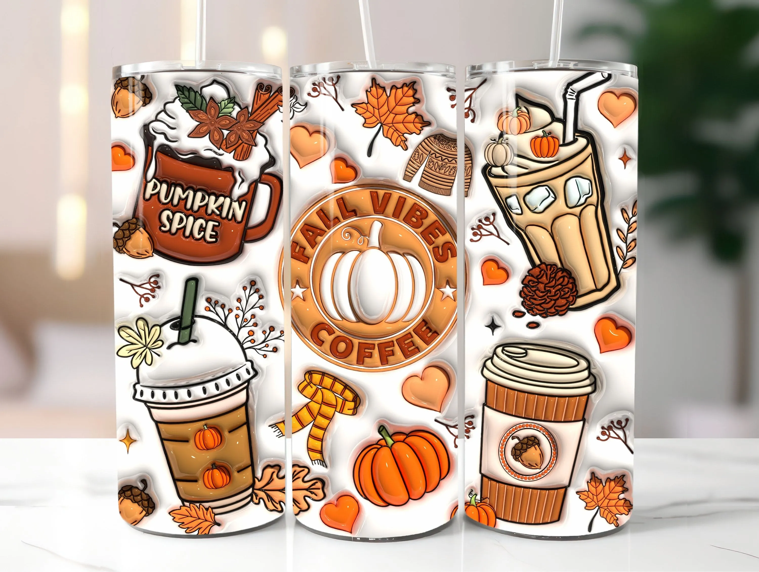 3D Inflated Fall Vibes Coffee Tumbler Wrap, Puffy Fall Tumbler Sublimation Design, Autumn Fall Coffee, Fall Pumpkins Png, Coffee Lover Gift