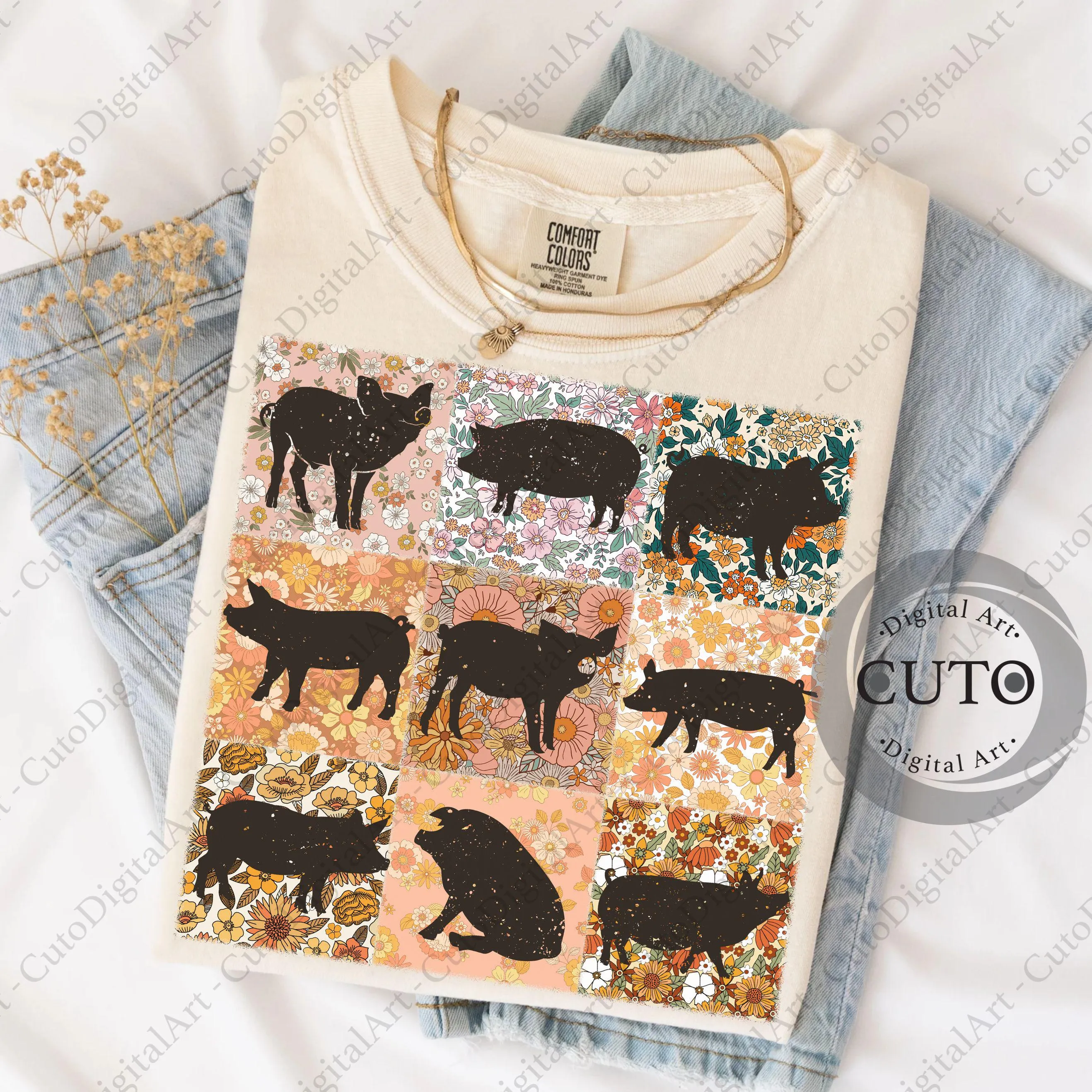 Retro Boho Floral Pig Design PNG - Farm Floral Animal - Retro Piglet T-Shirt Sweatshirt Digital Download