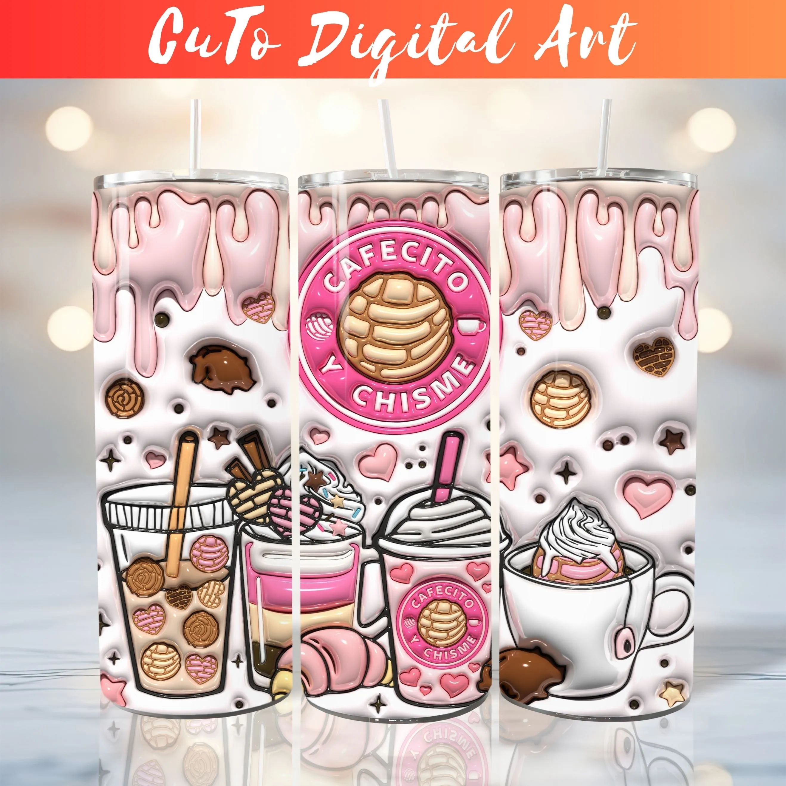 3D Inflated Cafecito Y Chisme Tumbler Wrap PNG - 3D Puff Pan Dulce 20oz Tumbler Sublimation - Skinny Coffee Tumbler Wrap - Digital Download
