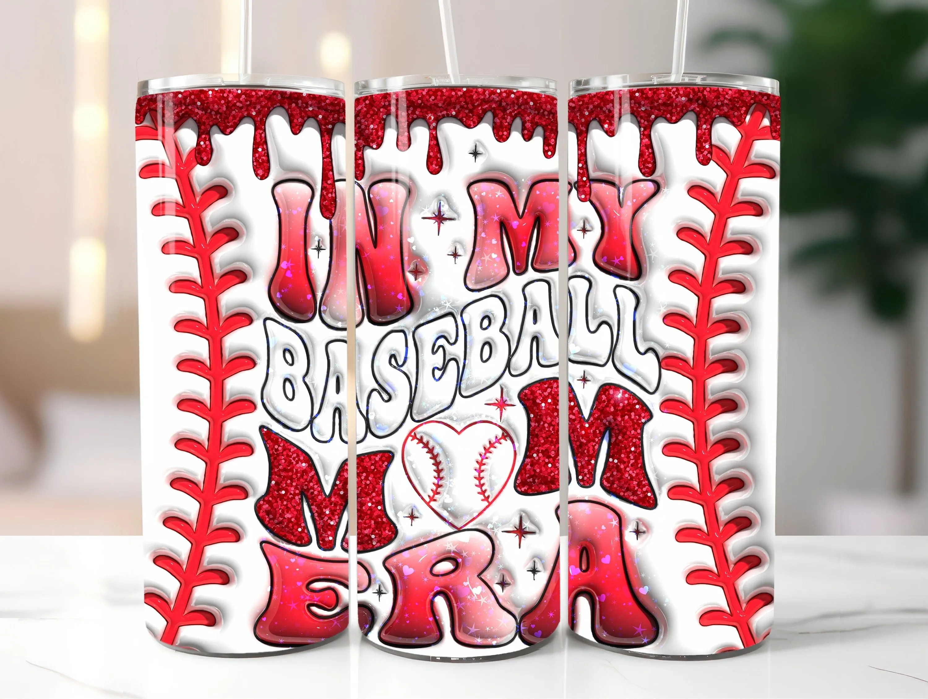 3D Sparkly In My Baseball Mom Era Inflated Tumbler Wrap - Puffy Glitter Baseball Mom Sublimation PNG Design - Instant Digital Download