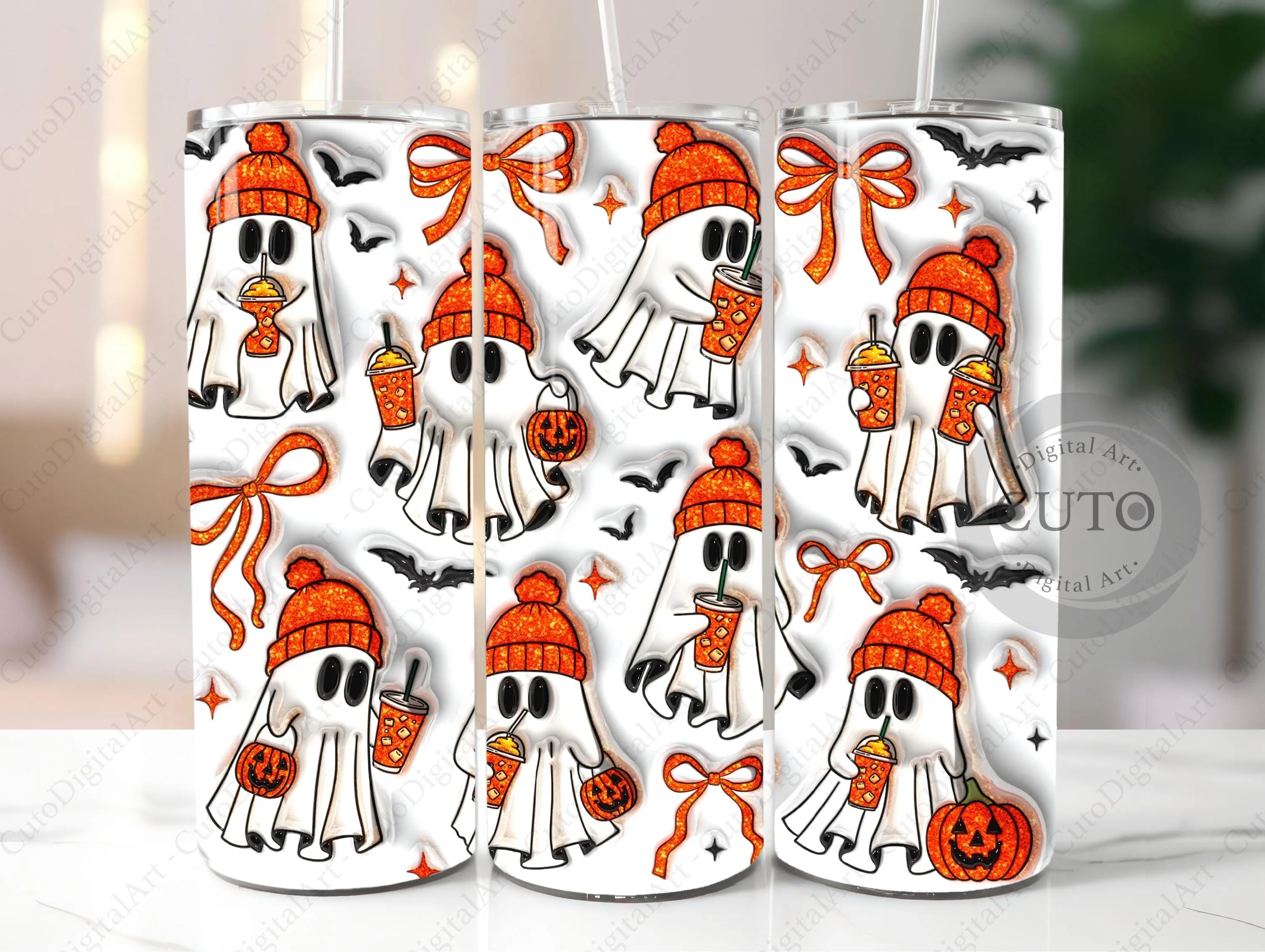 3D Inflated Cute Ghost Tumbler Wrap Design - Halloween PNG Digital Download, Puffy Fall Tumbler Sublimation Design