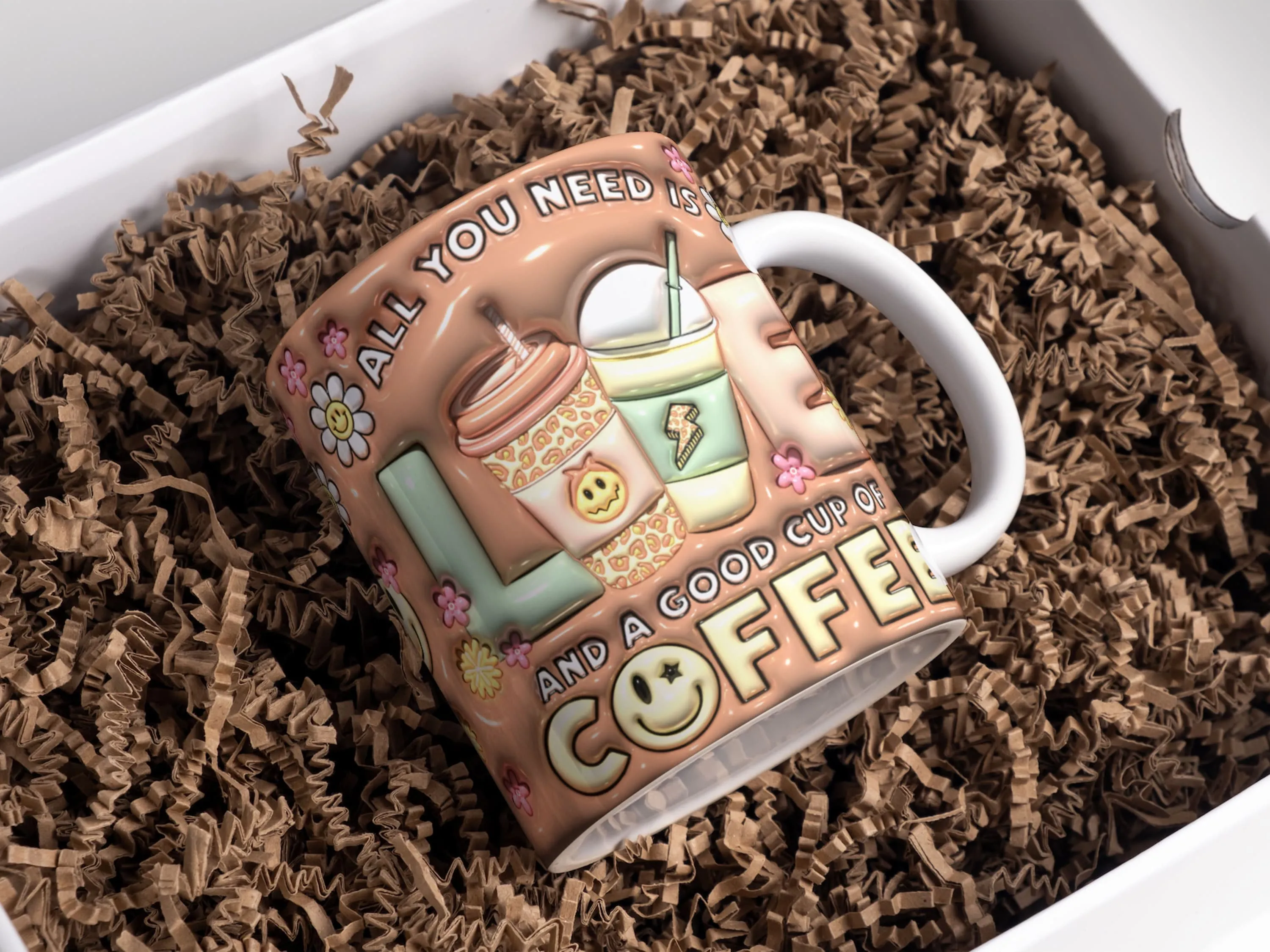 3D Retro Coffee Lovers Inflated Mug Wrap Sublimation Design 11oz & 15oz, Puffy Mug PNG, Mug Sublimation Design, Mug Template For Sublimation
