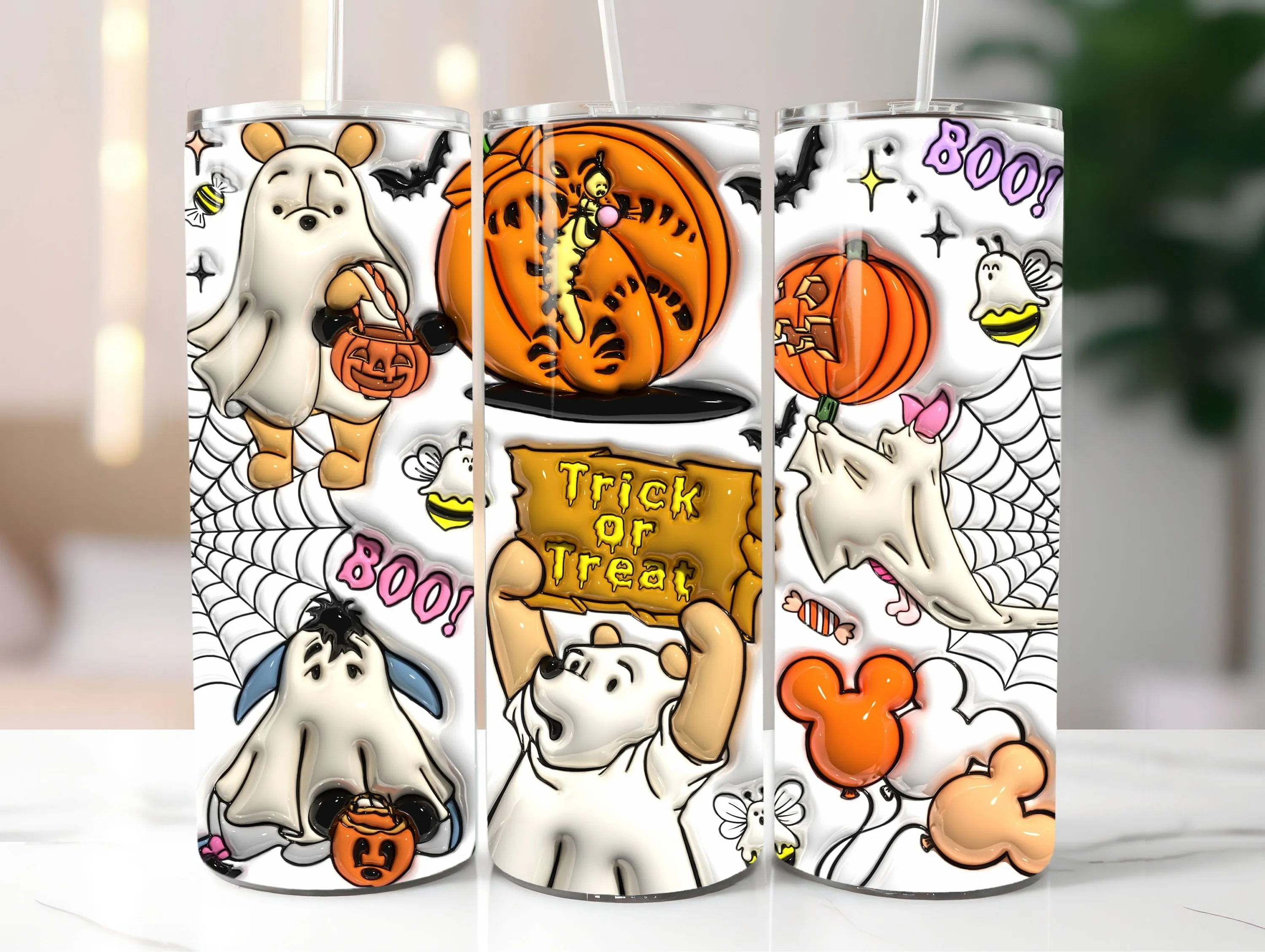 3D Cartoon Trick or Treat Inflated Tumbler Wrap PNG, Puffy Halloween Digital Design, Spooky Season 20oz Tumbler Sublimation Instant Download