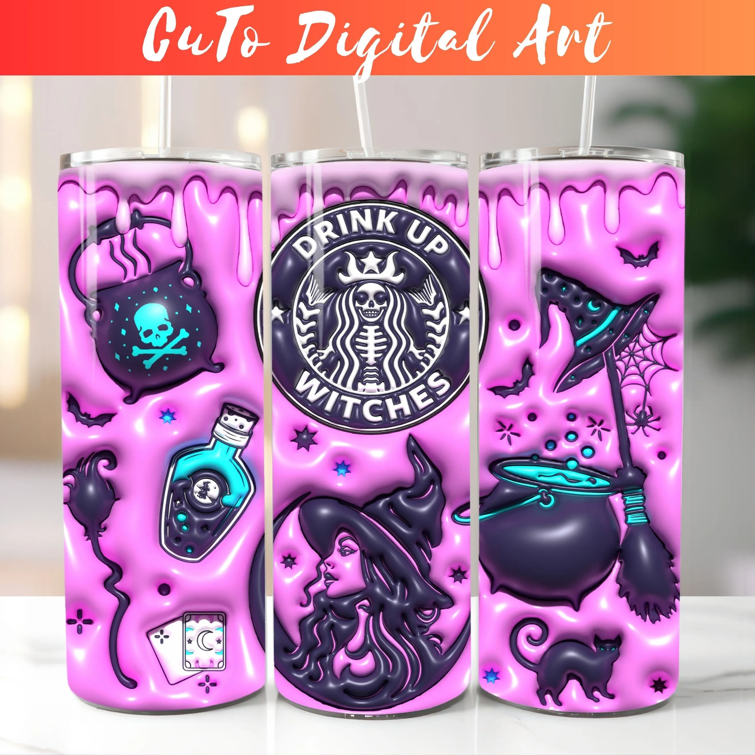 3D Inflated Witch Tumbler Wrap PNG - 3D Puff Pagan Design 20oz Skinny Tumbler Sublimation - Instant Digital Download