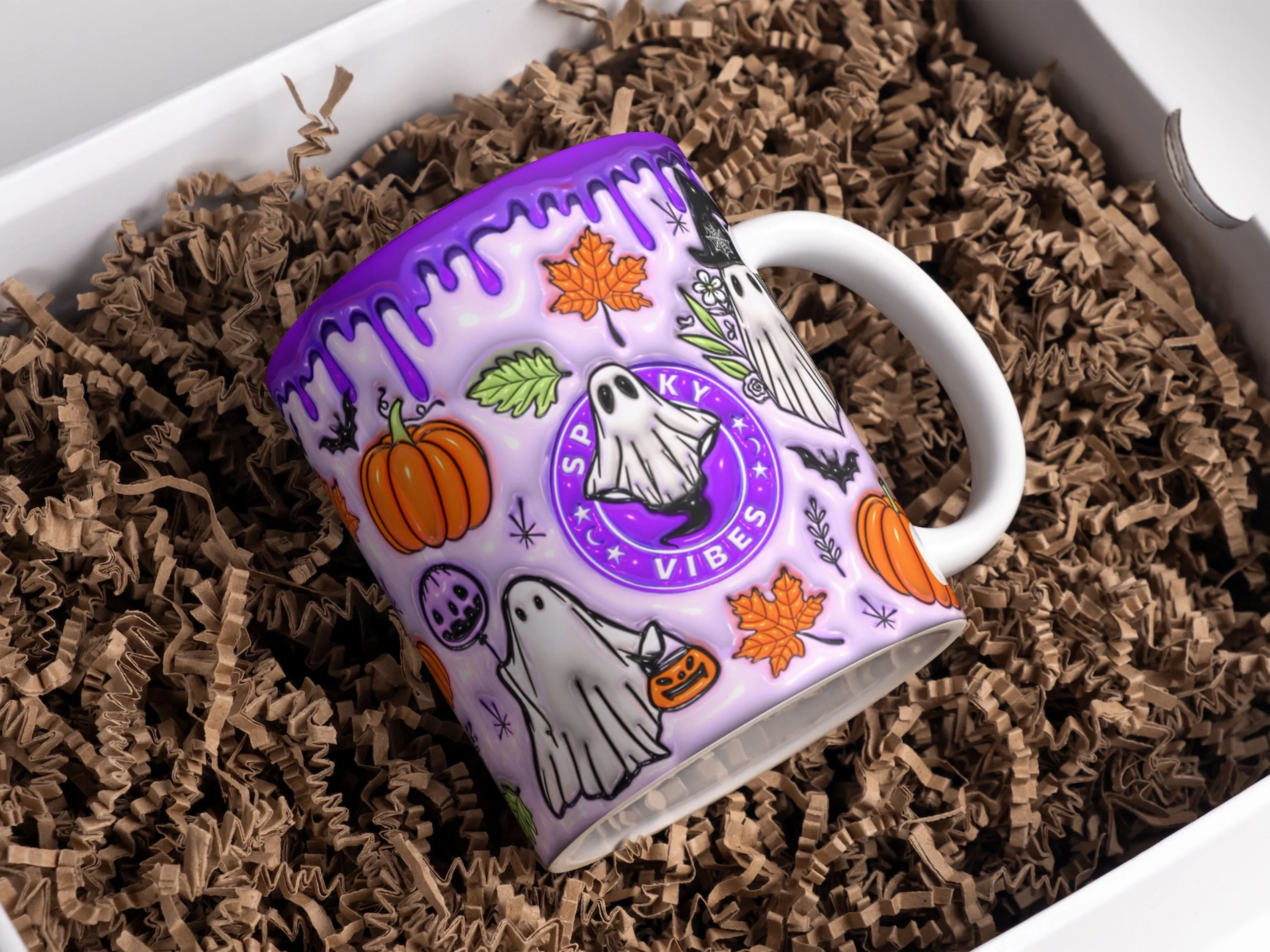 3D Purple Spooky Vibes Inflated Mug Wrap Sublimation Design 11oz & 15oz, Puff Ghost Mug PNG Sublimation Designs, Template For Sublimation