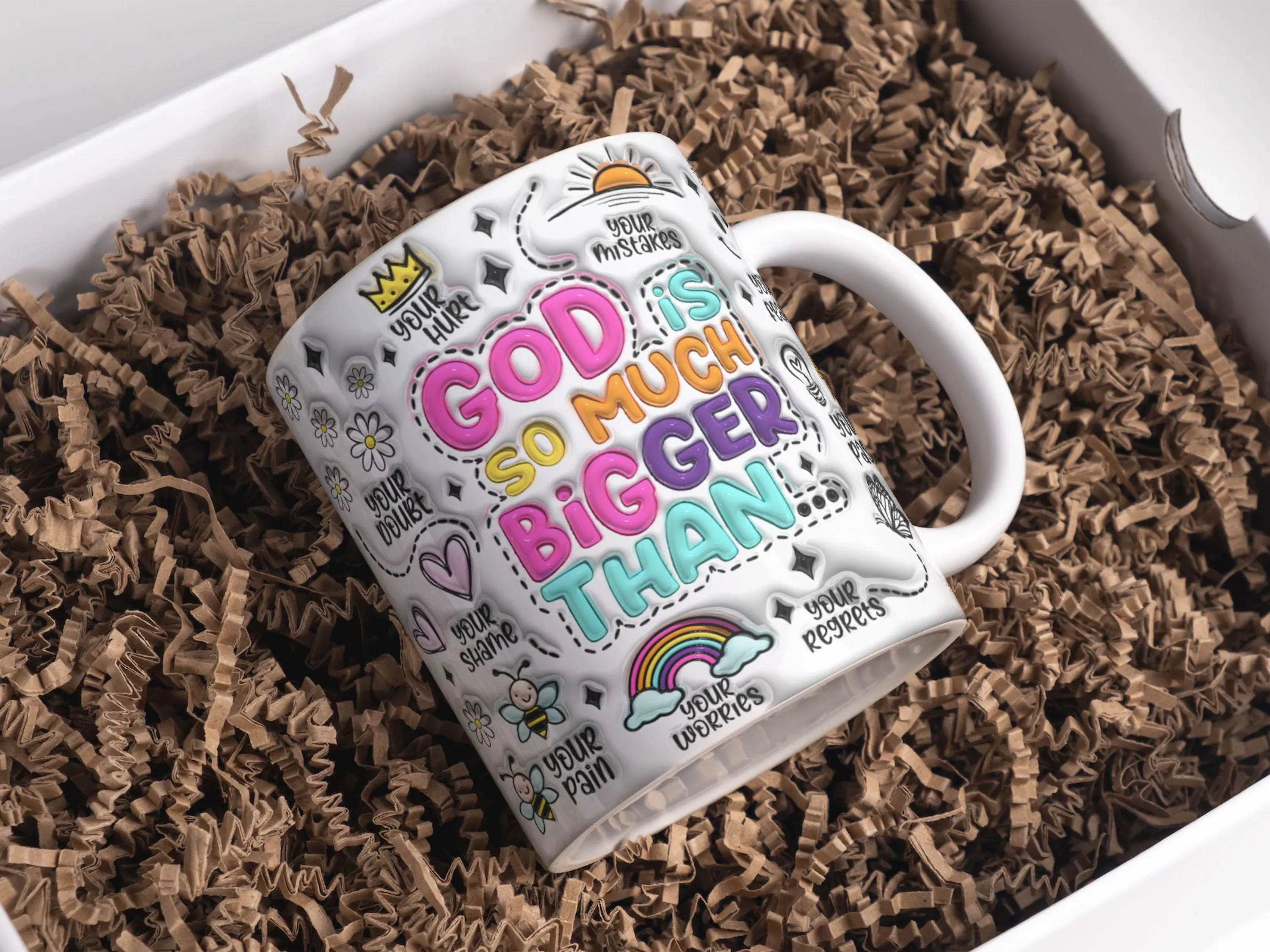 3D Inflated God Is So Much Bigger Than Mug Wrap Sublimation Design 11oz & 15oz, 3D Puffy Retro Christian Mug PNG, Sublimation Mug Template