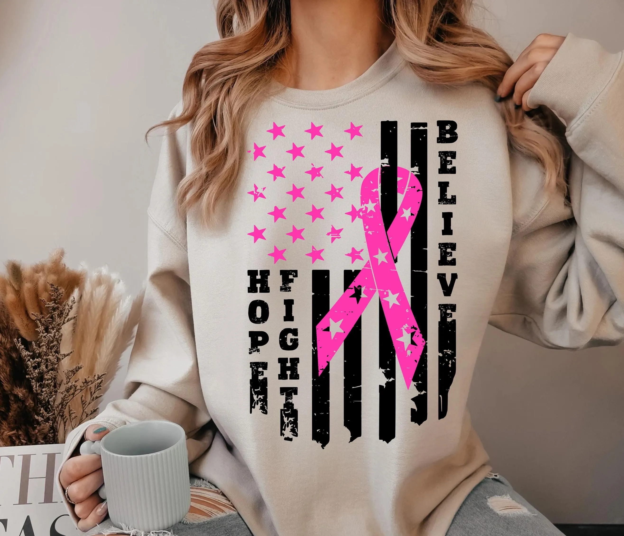 Breast Cancer Awareness Pink Ribbon Flag | Hope Fight Believe Design for T-Shirts Sweatshirts | Patriotic Transparent PNG Digital Download
