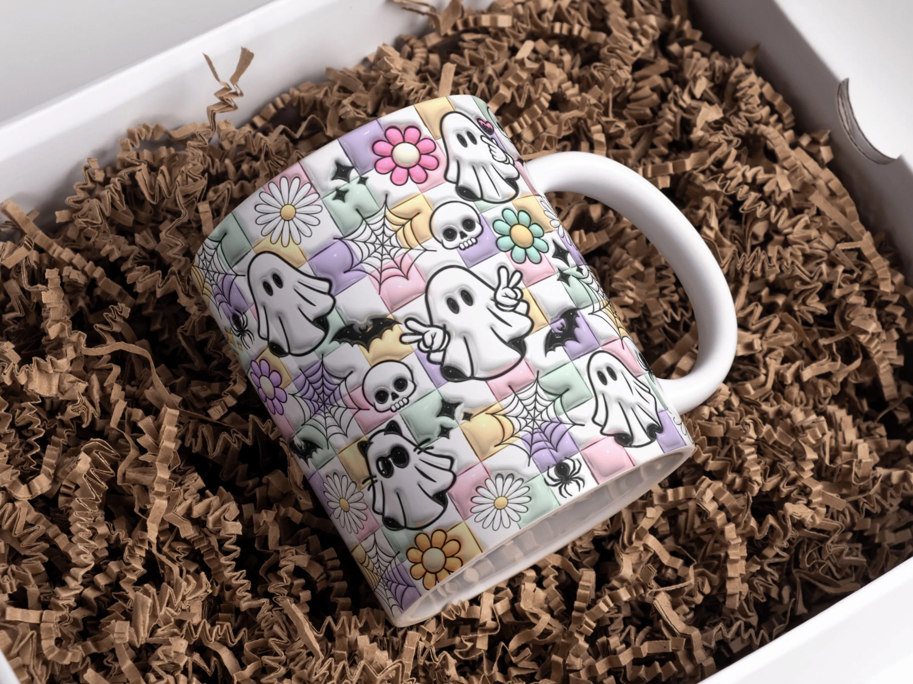 3D Inflated Retro Halloween Mug Wrap Design 11oz & 15oz, Puffy Cute Ghost Mug PNG Sublimation Design, Pastel Spooky Vibes Digital Download