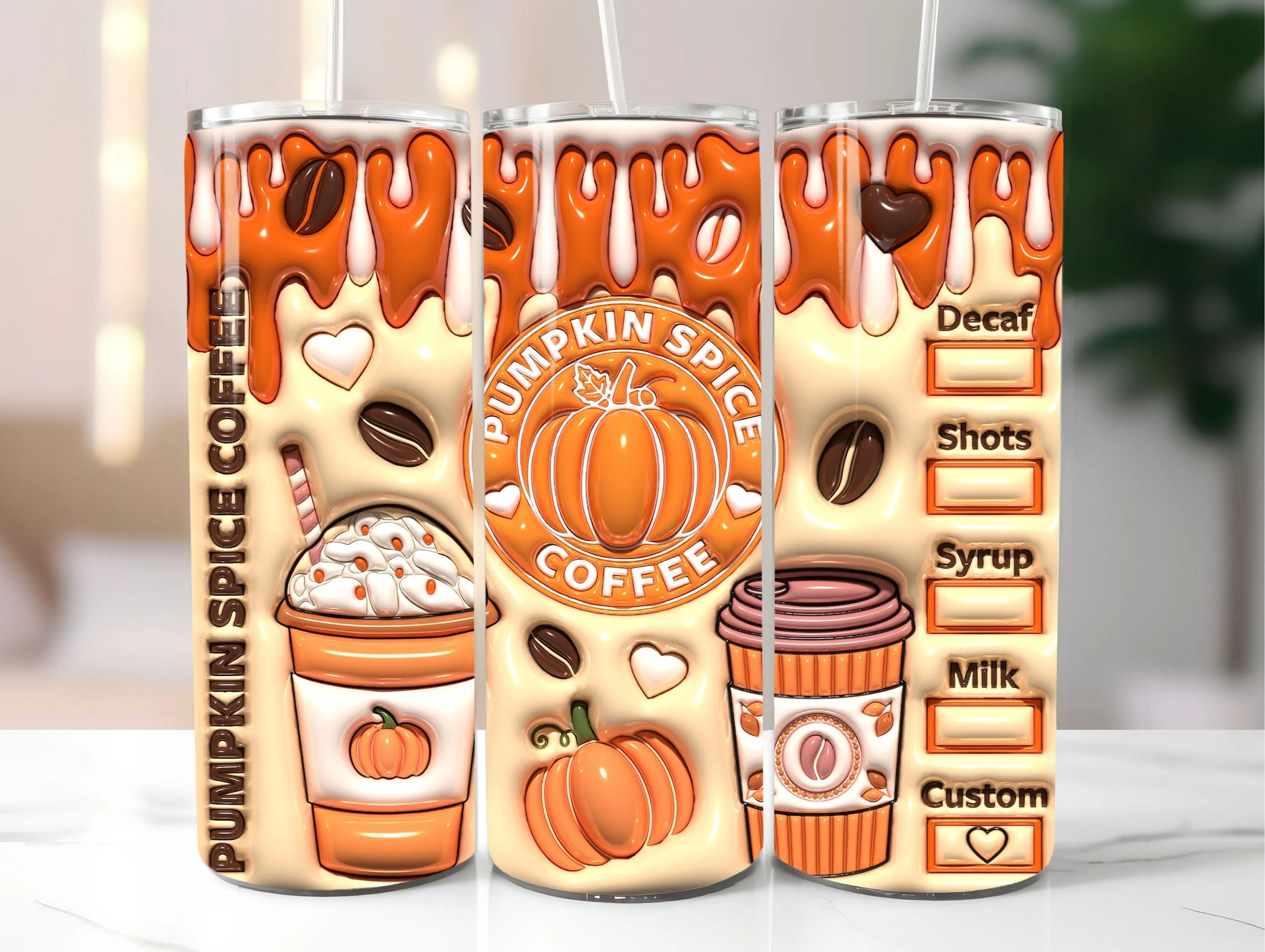 3D Pumpkin Spice Coffee Inflated Tumbler Wrap PNG - 3D Puff Coffee 20oz & 30 oz Skinny Tumbler Sublimation Design - Instant Digital Download