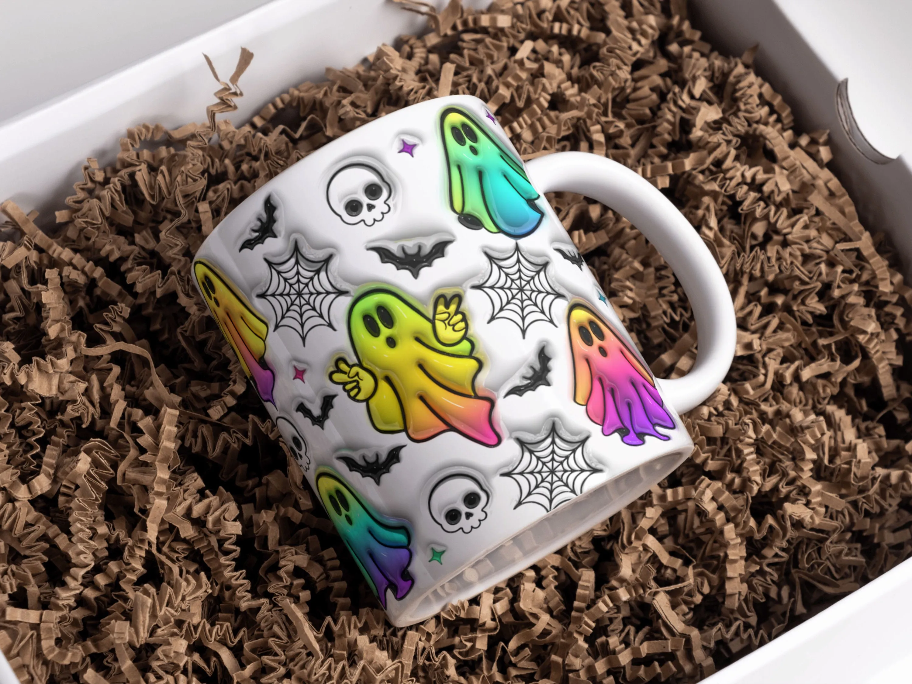 3D Colorful Halloween Ghosts Inflated Mug Wrap Sublimation Design 11oz & 15oz, Puff Spooky Ghost Mug PNG Sublimation Design Digital Download