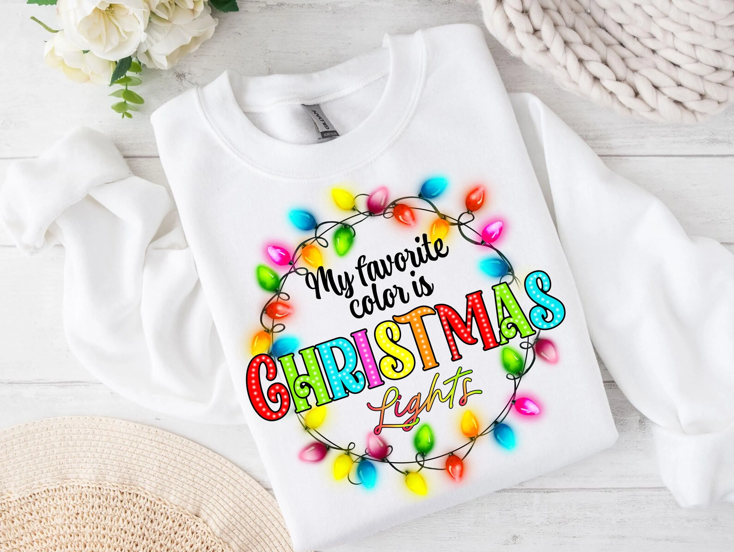 My Favorite Color is Christmas Lights Digital Download, Colorful Holiday Quote Sublimation Design for T-Shirts, Sweatshirts, Transparent PNG