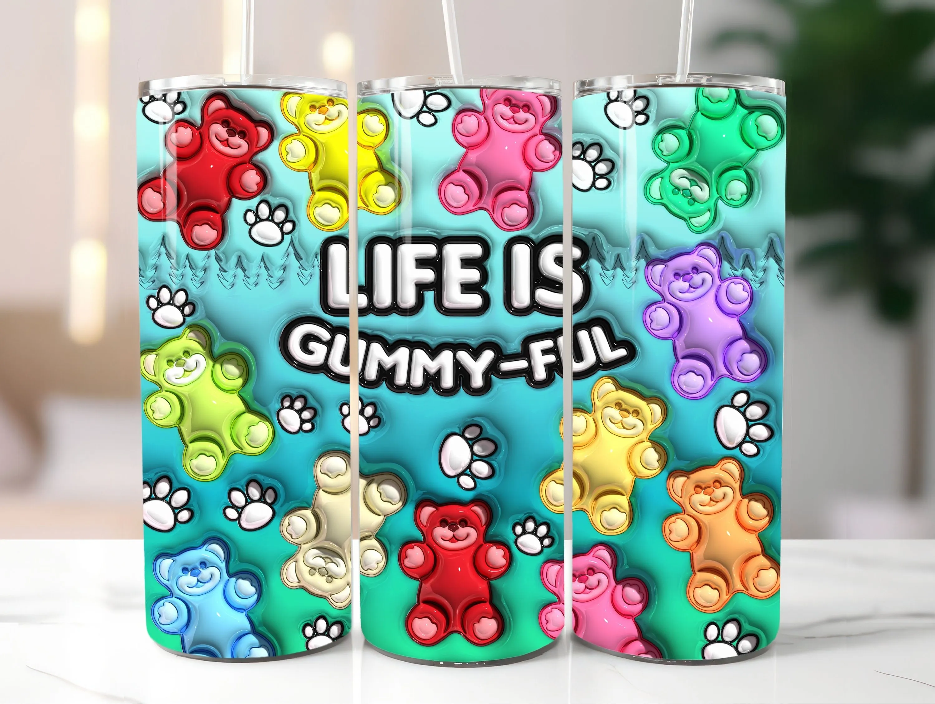 3D Life is Gummy-ful Inflated Tumbler Wrap PNG - 3D Puffy Colorful Gummy Bears Digital Design - 20oz Tumbler Sublimation Digital Design