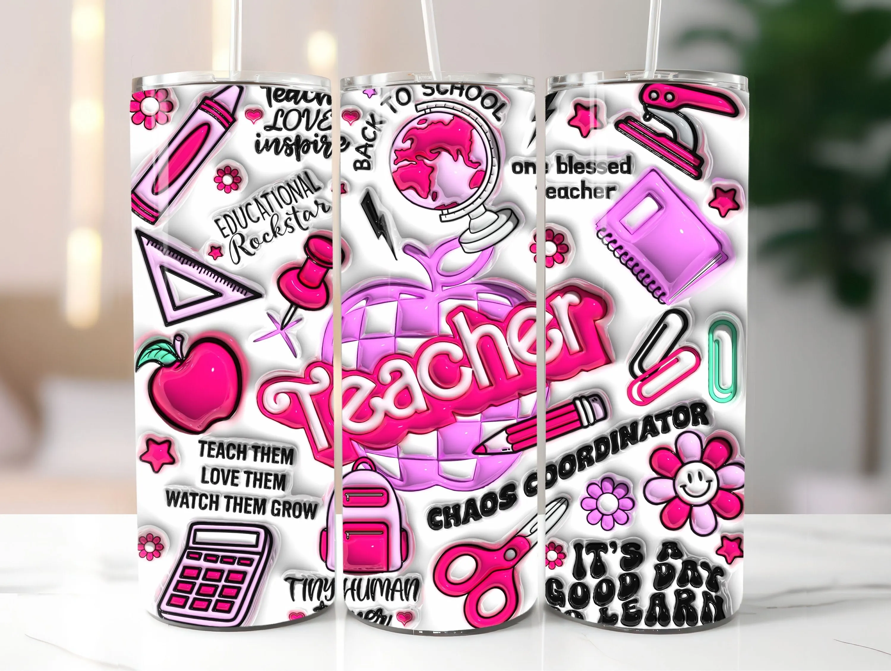 3D Retro Teacher Inflated Tumbler Wrap PNG - 3D Puffy Pinky Teacher Tumbler Sublimation Design - 20oz Skinny Tumbler Wrap - Instant Download