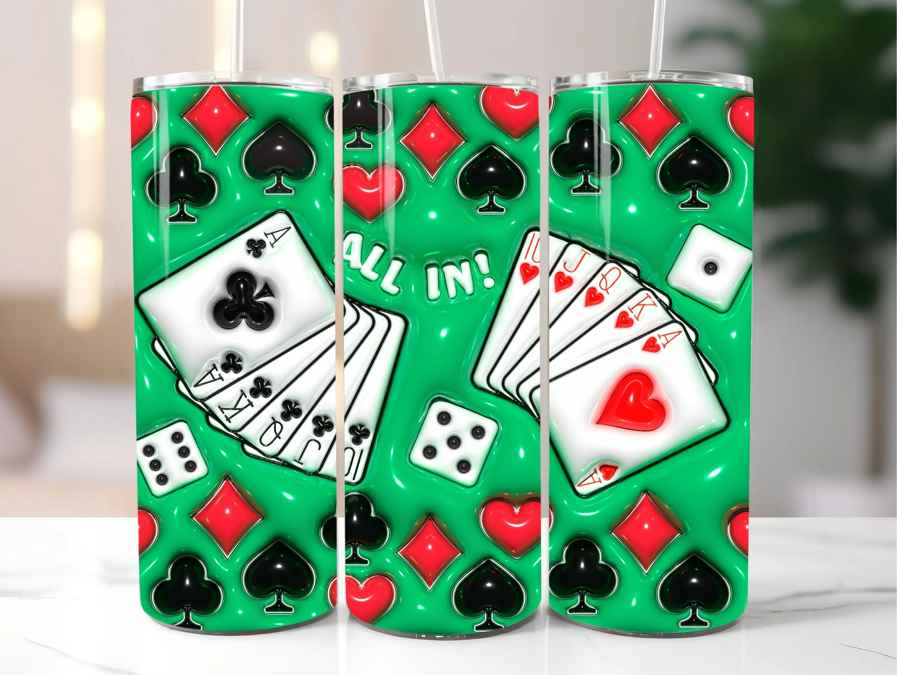 3D Poker Cards Inflated Tumbler Png - 3D Puffy Poker Cards Tumbler Wrap & Design - 20oz Skinny Tumbler Sublimation Instant Digital Download