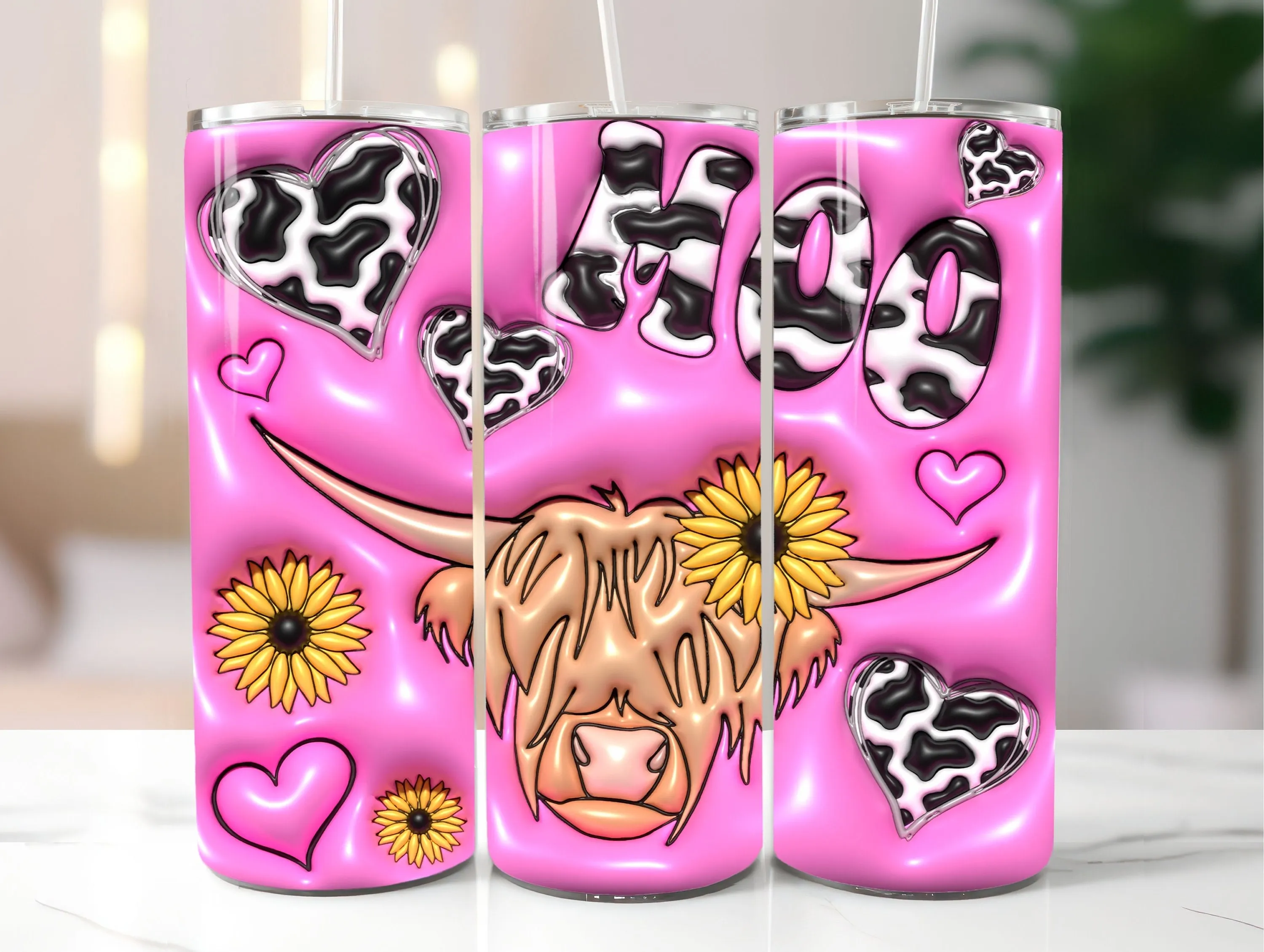 3D Highland Cow Inflated Tumbler Wrap PNG - 3D Puff Highland Cow 20oz Tumbler Sublimation - Skinny Tumbler Wrap - Instant Digital Download