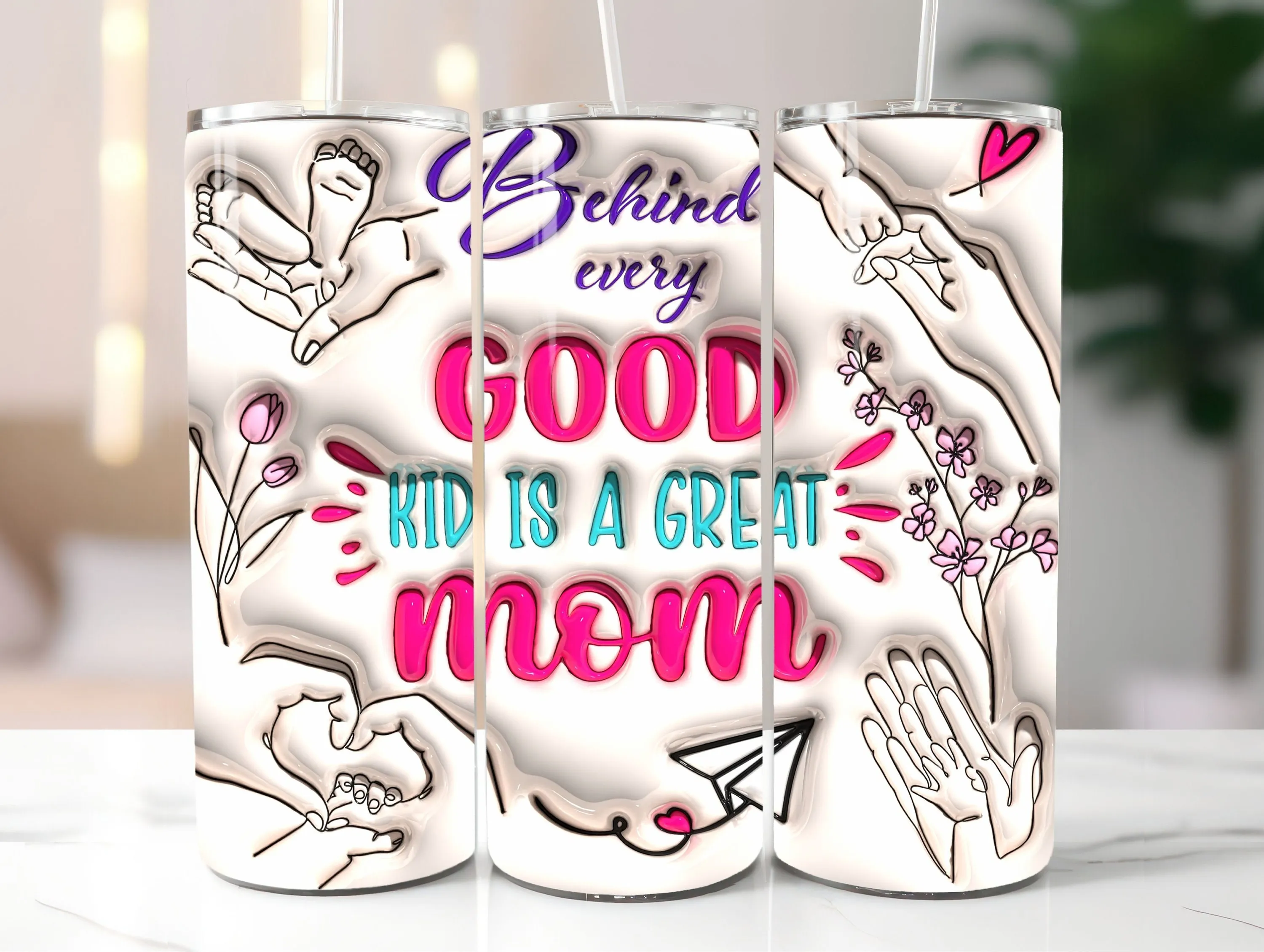 Behind Every Good Kid Is A Great Mom Inflated Tumbler Wrap, Puff Mother's Day 20oz Tumbler Sublimation, Skinny Tumbler Wrap Instant Download