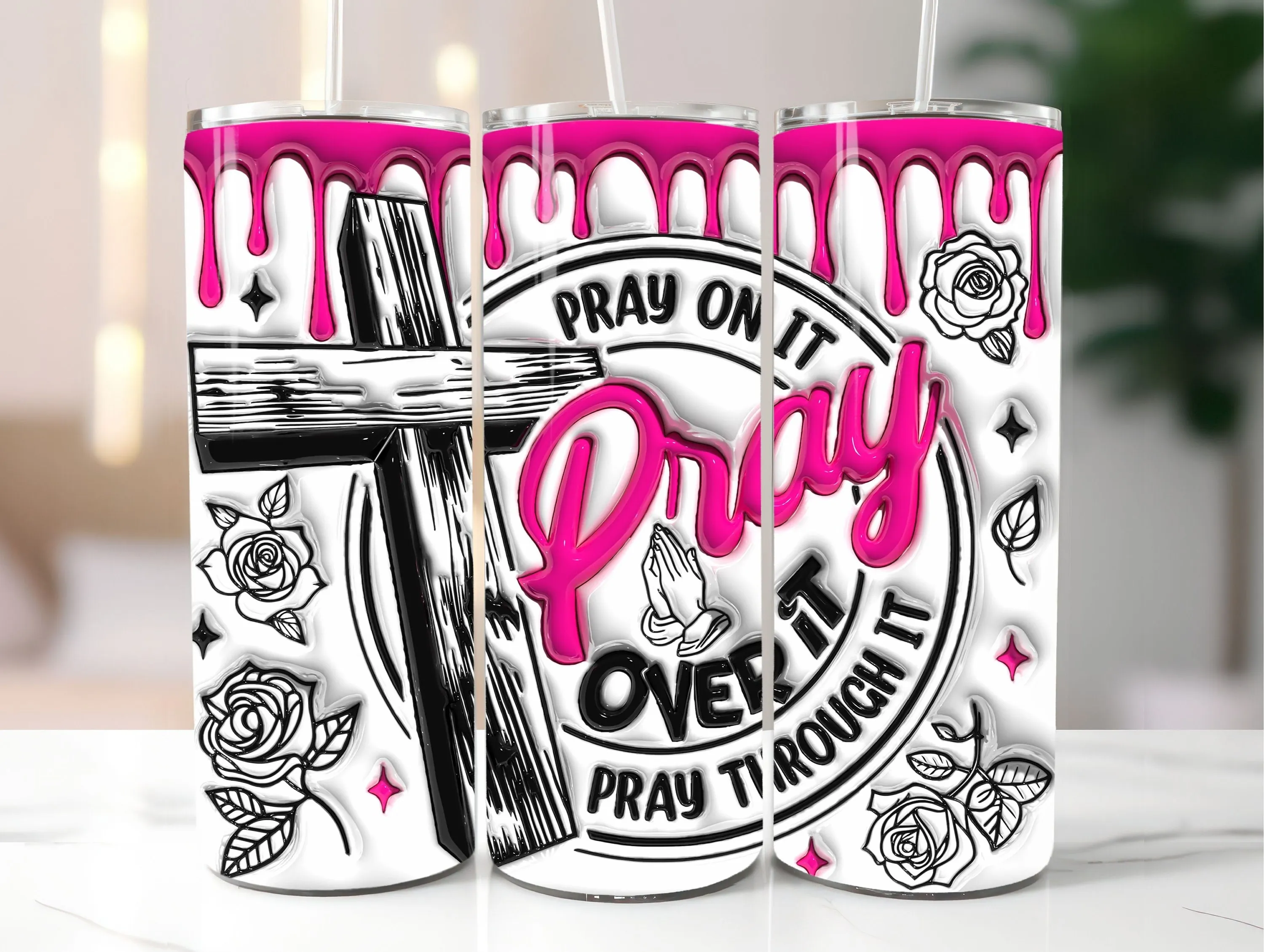 3D Pray on it Pray over it Pray through it Inflated Tumbler Wrap PNG, 3D Puffy Christian 20oz Tumbler Sublimation Design, Digital Download