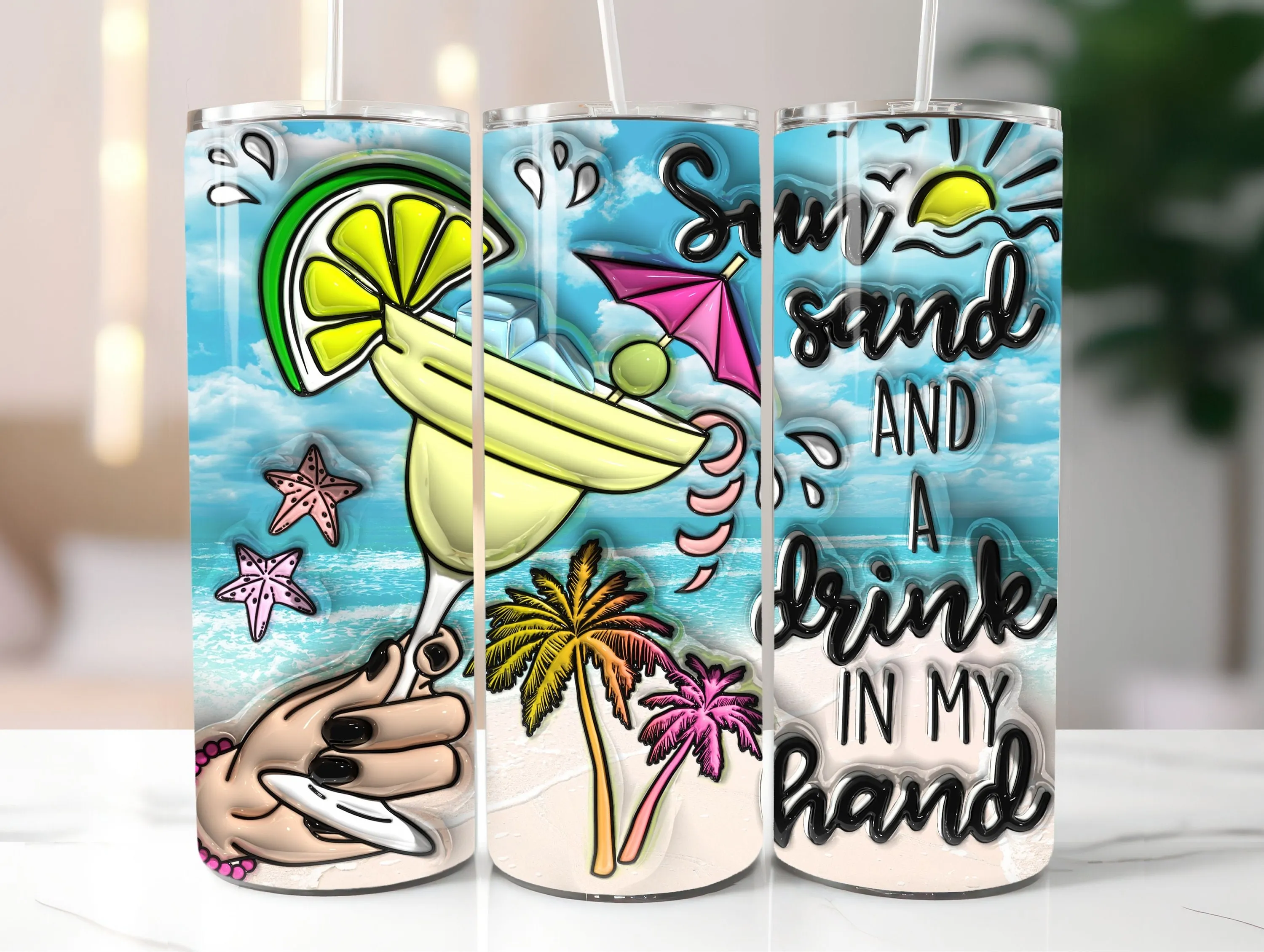 3D Seamless Sun Sand And A Drink In My Hand Inflated Tumbler Wrap, 3D Puffy Beach, Summer Sublimation Tumbler Design, Funny 20oz Tumbler PNG