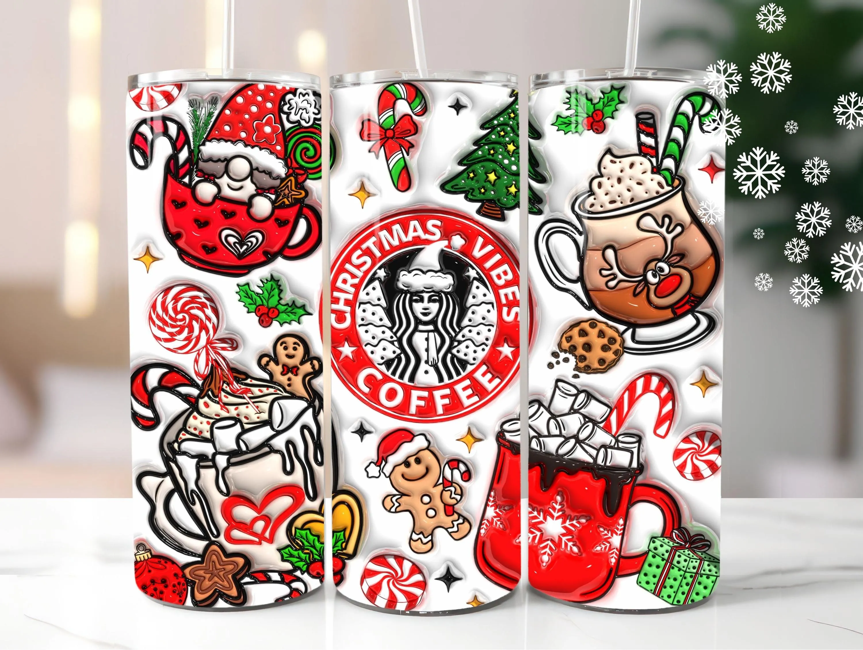 3D Inflated Red Christmas Vibes Coffee Tumbler Wrap, Puffy Xmas Tumbler Sublimation Design, Christmas Vibes PNG, Coffee Lover Christmas Gift