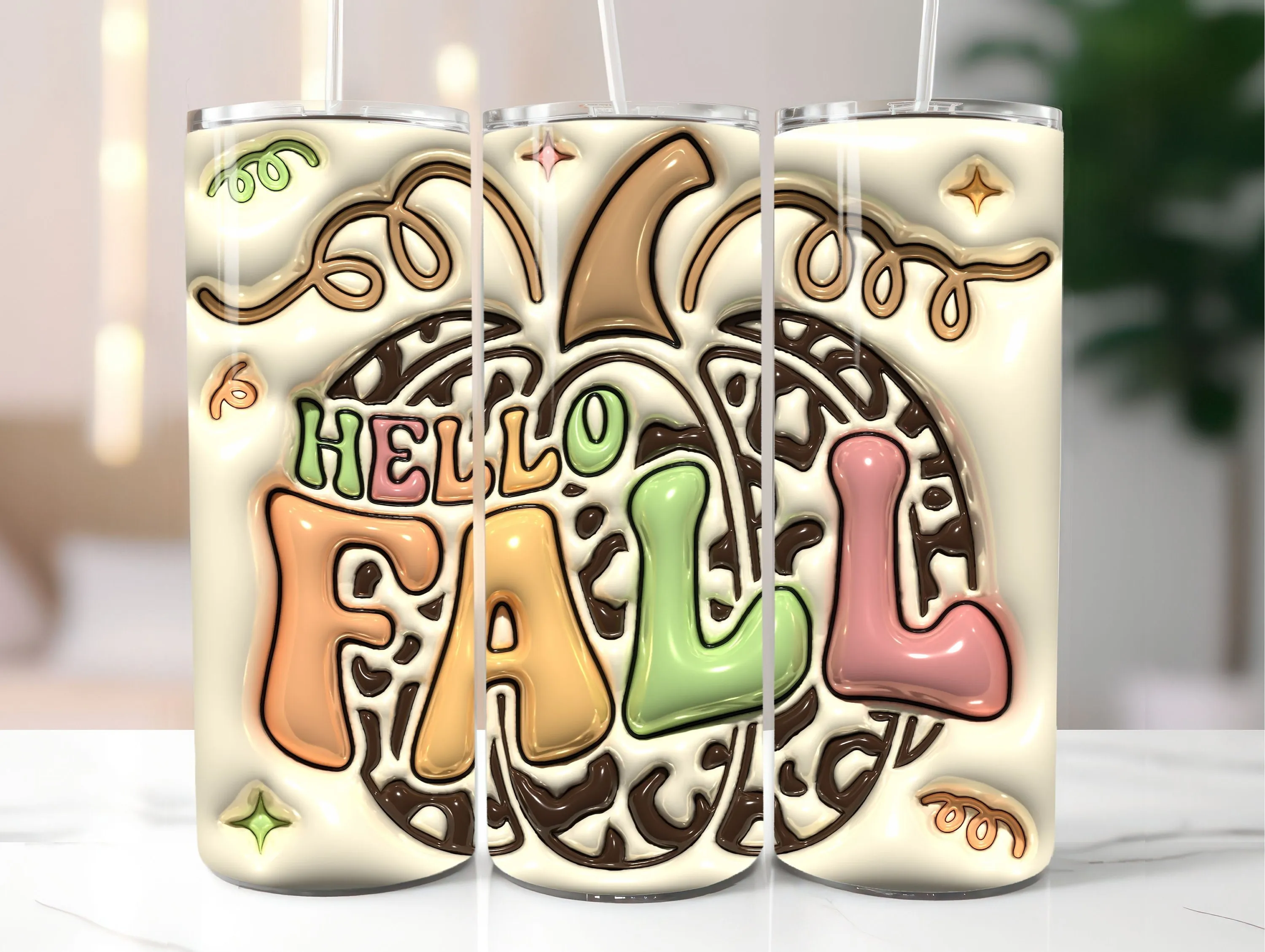 3D Hello Fall Inflated Tumbler Wrap PNG - 3D Puff Leopard Pumpkin 20oz Tumbler Sublimation - Skinny Tumbler Wrap - Instant Digital Download