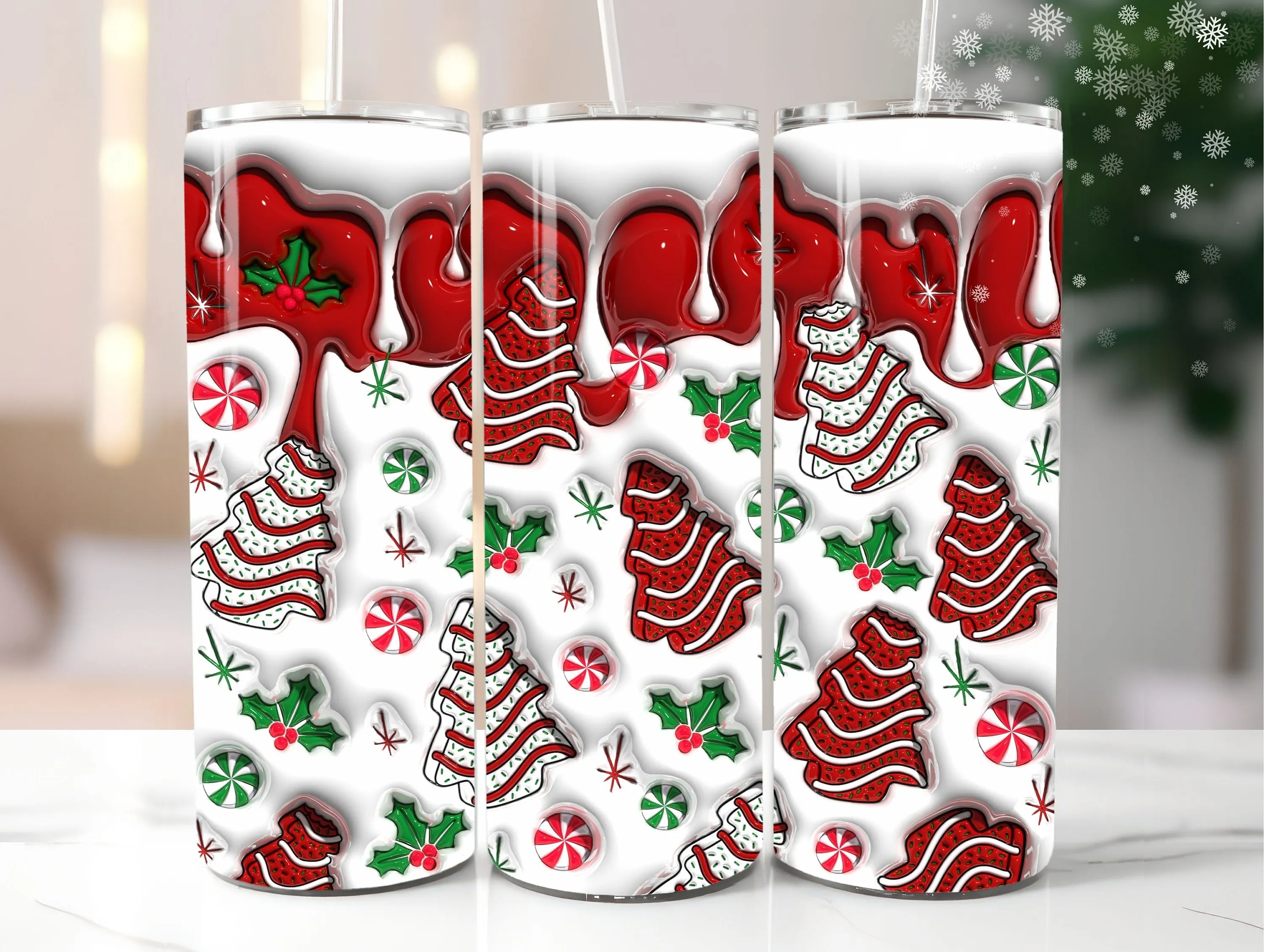 3D Seamless Christmas Tree Cakes Inflated Tumbler Wrap PNG, Puffy Snack Cakes Xmas 20oz Tumbler Sublimation Design, Instant Digital Download