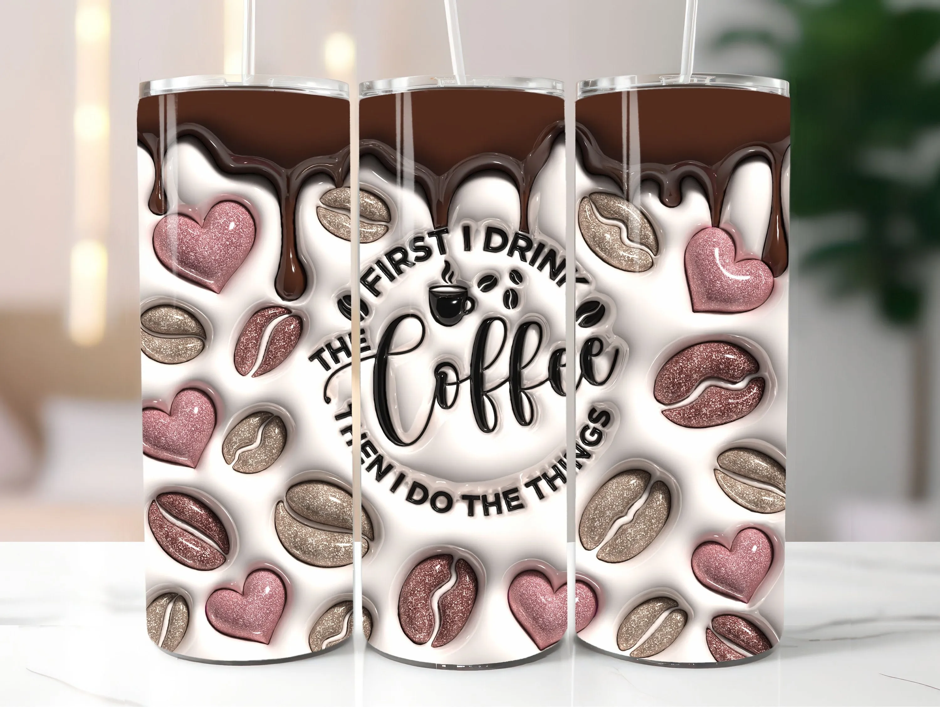 3D First I drink the Coffee Inflated Tumbler Wrap, Puff Glitter Coffee 20oz Skinny Tumbler Sublimation Design, Mom life PNG Digital Download