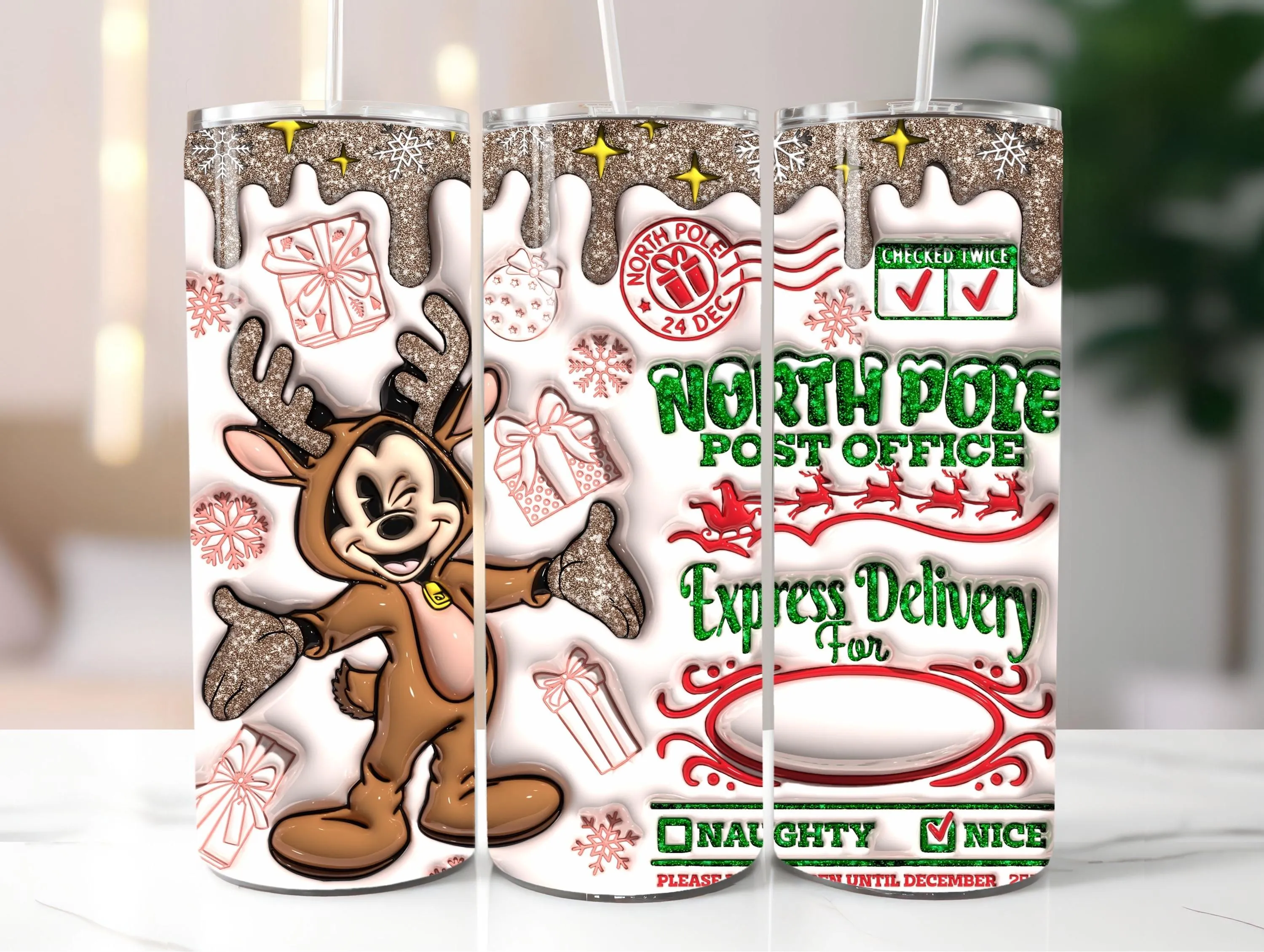 3D Personalize Cartoon Inflated Christmas Tumbler Wrap Design, Puff Xmas Mouse 20oz Tumbler Sublimation, Skinny Tumbler PNG Digital Download