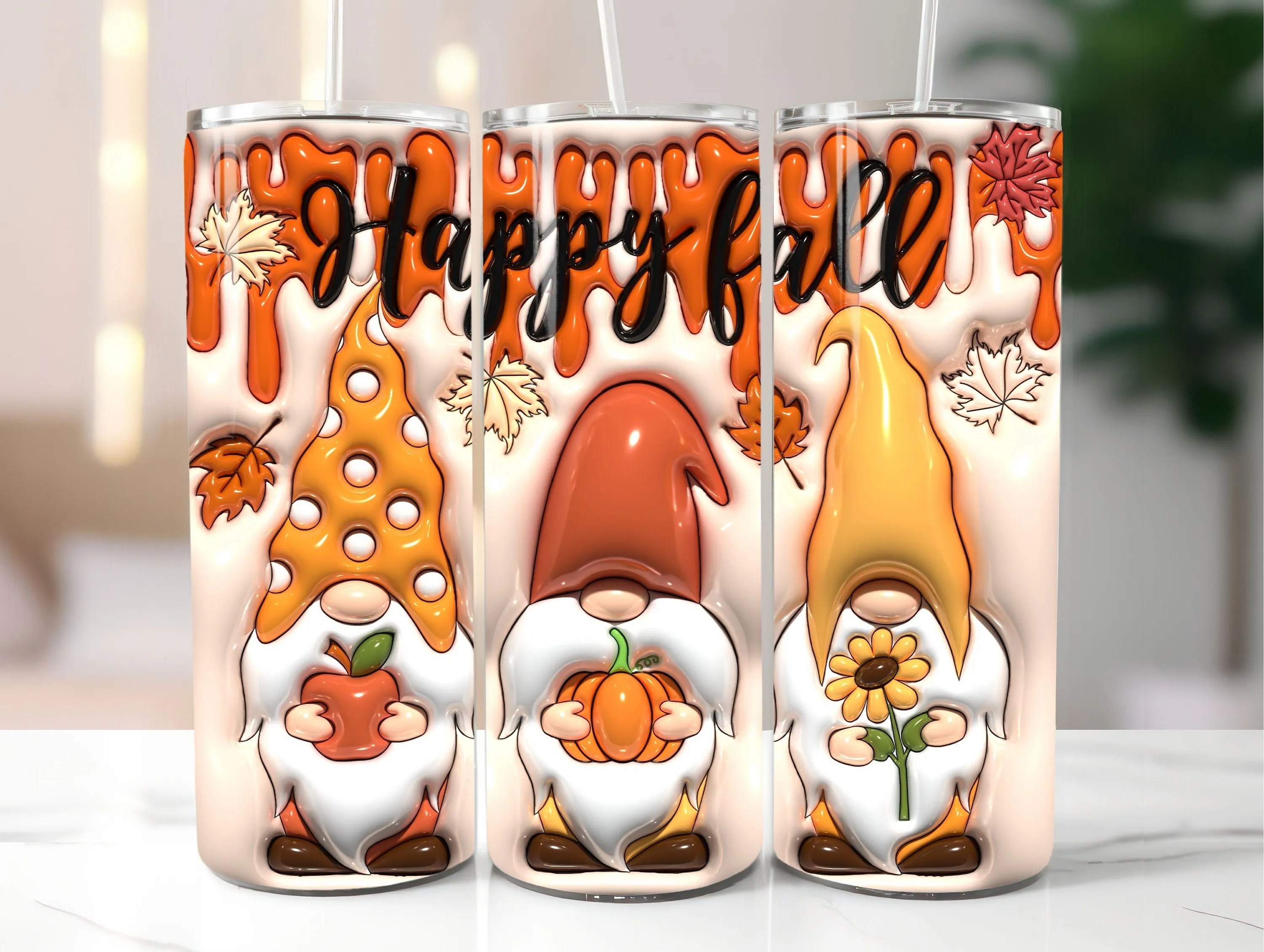 3D Gnomes Inflated Tumbler Wrap PNG - 3D Puff Fall Vibes 20oz Tumbler Sublimation - Skinny Tumbler Wrap - Instant Digital Download