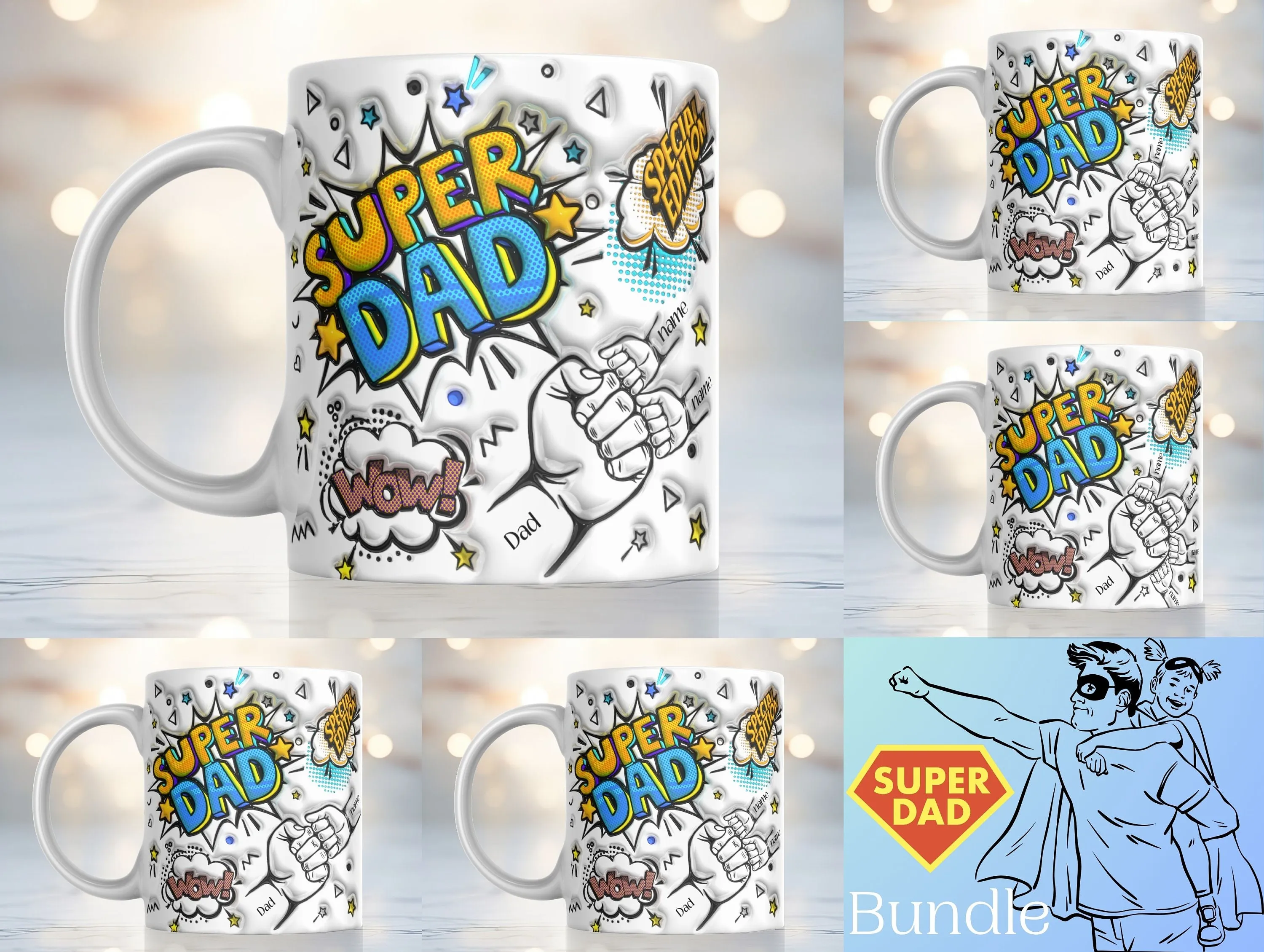 Personalized Super Dad and Baby Hands Inflated Mug Sublimation Design 11oz & 15oz, Puff Father's Day Mug PNG, Father and Child Fist Bump PNG