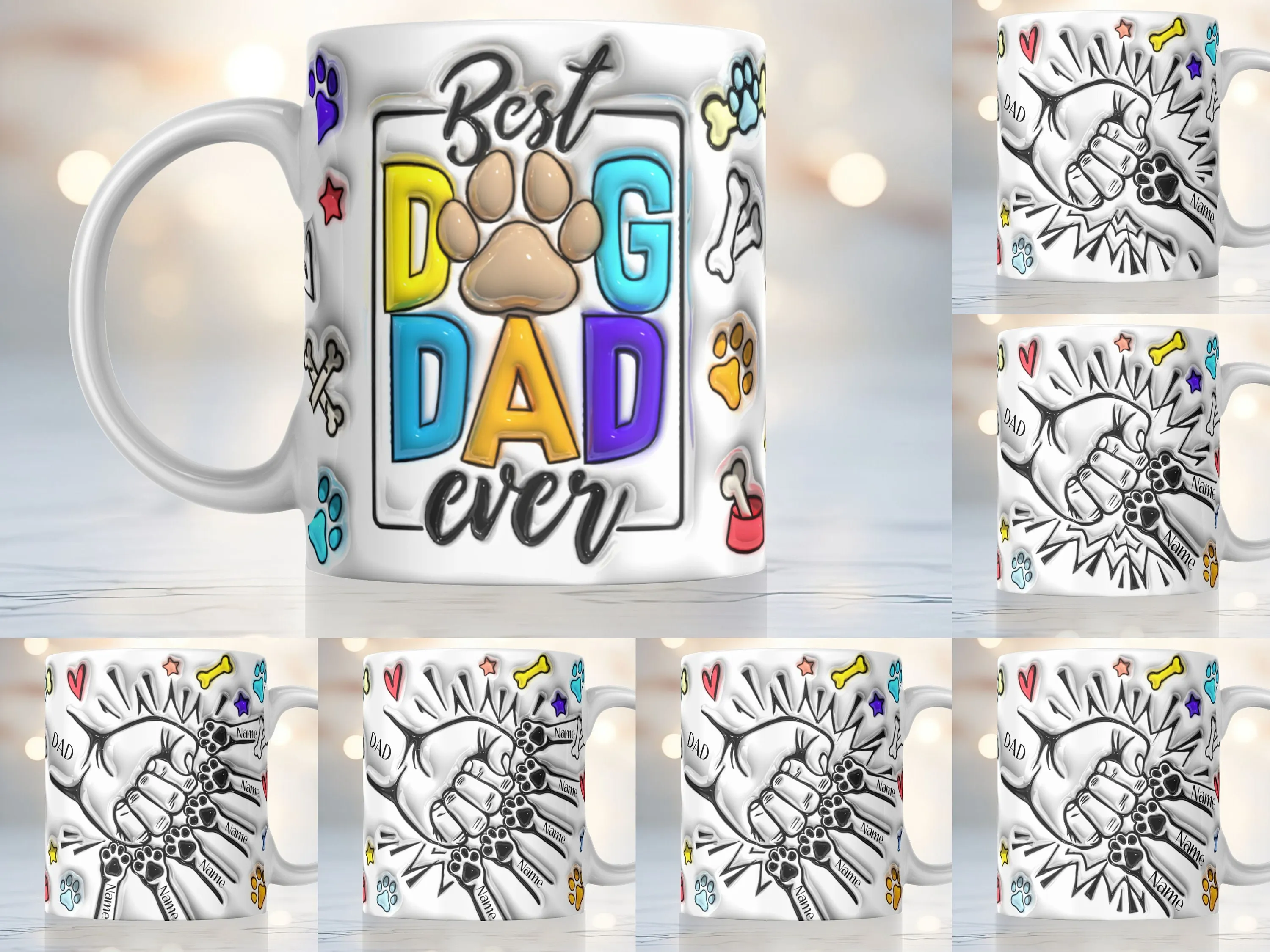 Personalized Best Dog Dad Ever 1-6 Paws Inflated Mug Sublimation Design 11oz & 15oz, Puffy Father's Day Gift Mug PNG, Dog Dad Bump Mug Wrap