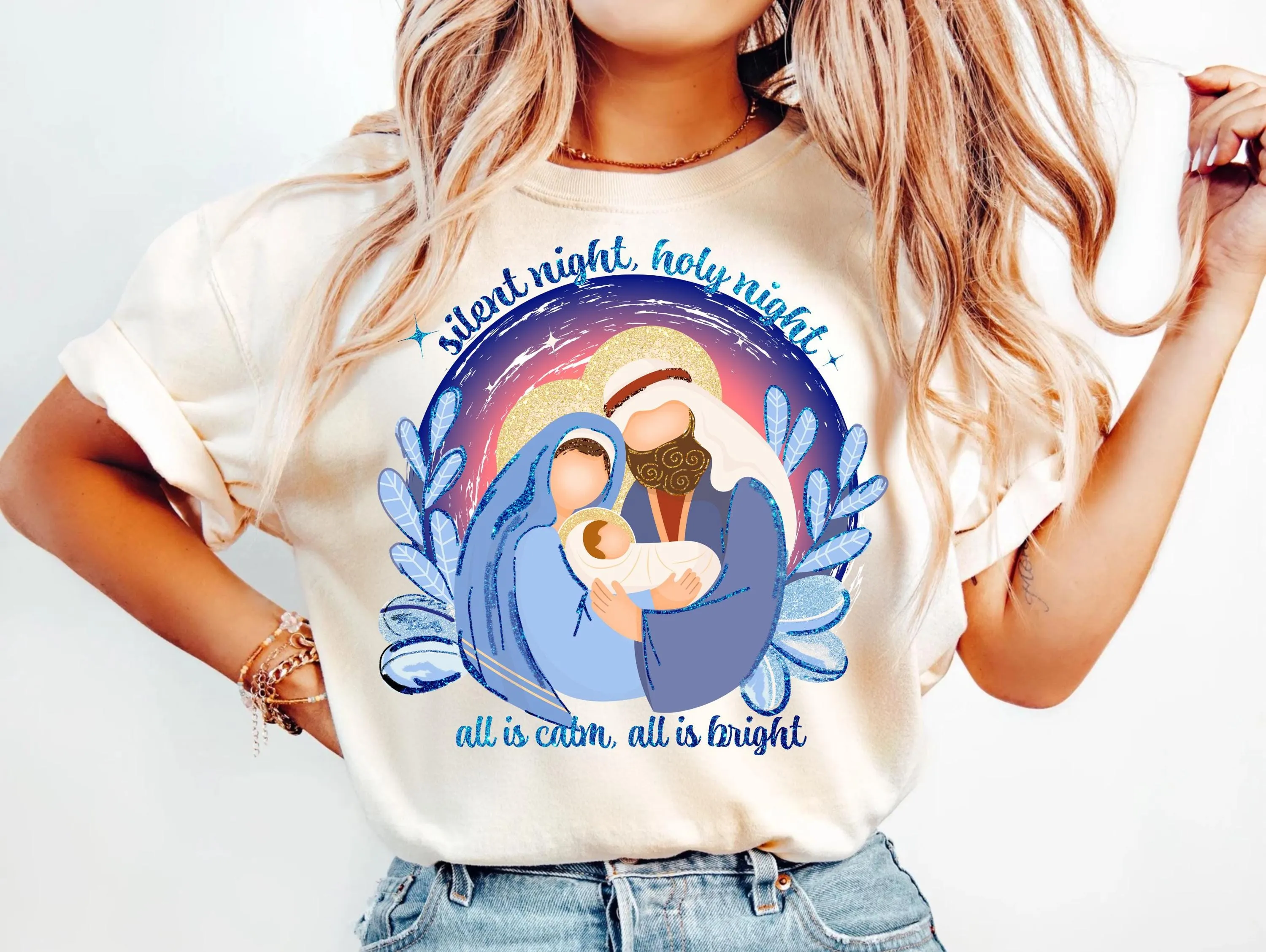 Silent Night Holy Night Sublimation, Christmas Holiday T-Shirt Graphic, Christian Xmas PNG, Nativity Scene PNG, Baby Jesus Sweatshirt Design