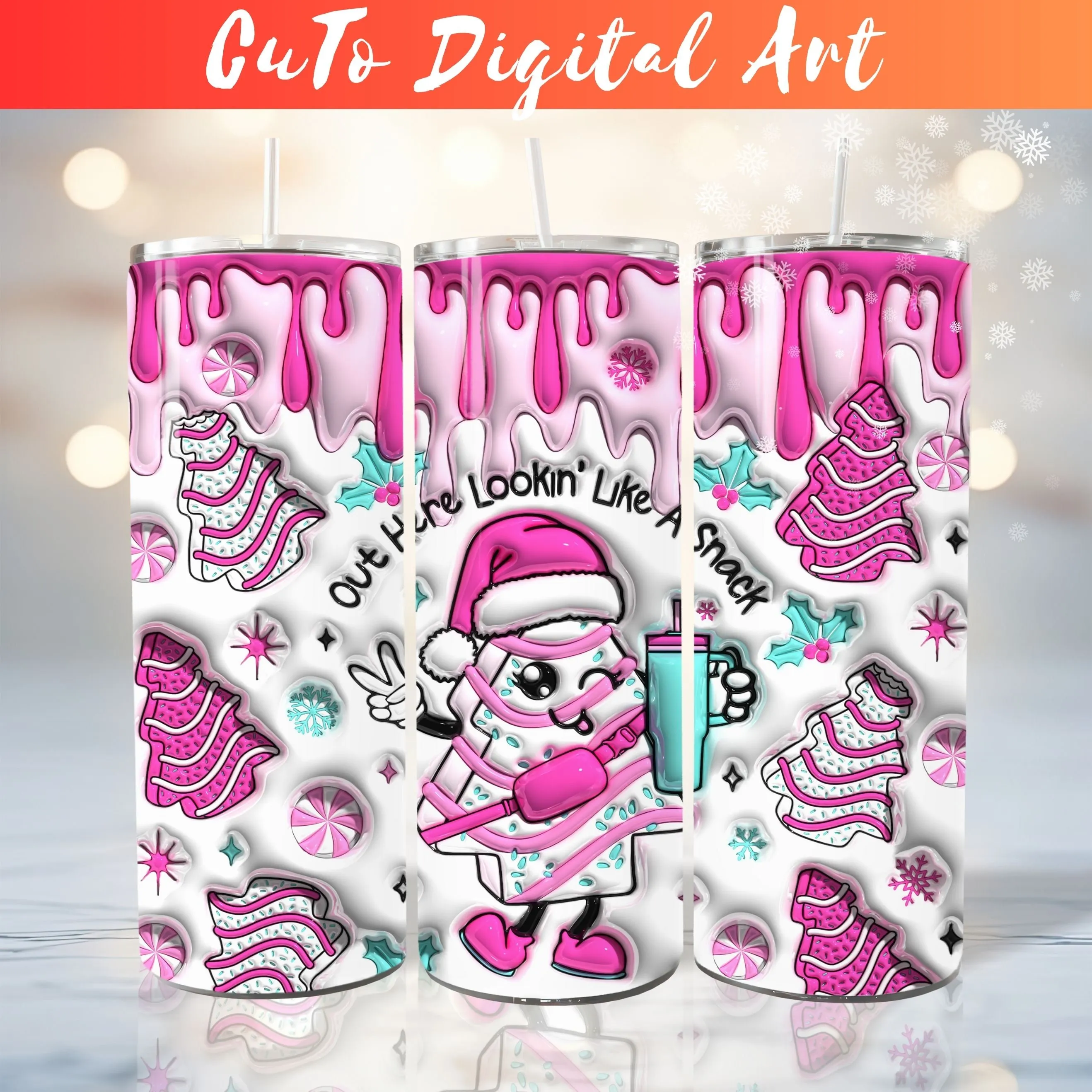 3D Pink Xmas Tree Cake Inflated Tumbler Wrap PNG, Puffy Out Here Lookin Like A Snack 20oz Tumbler Sublimation Design, Instant Download