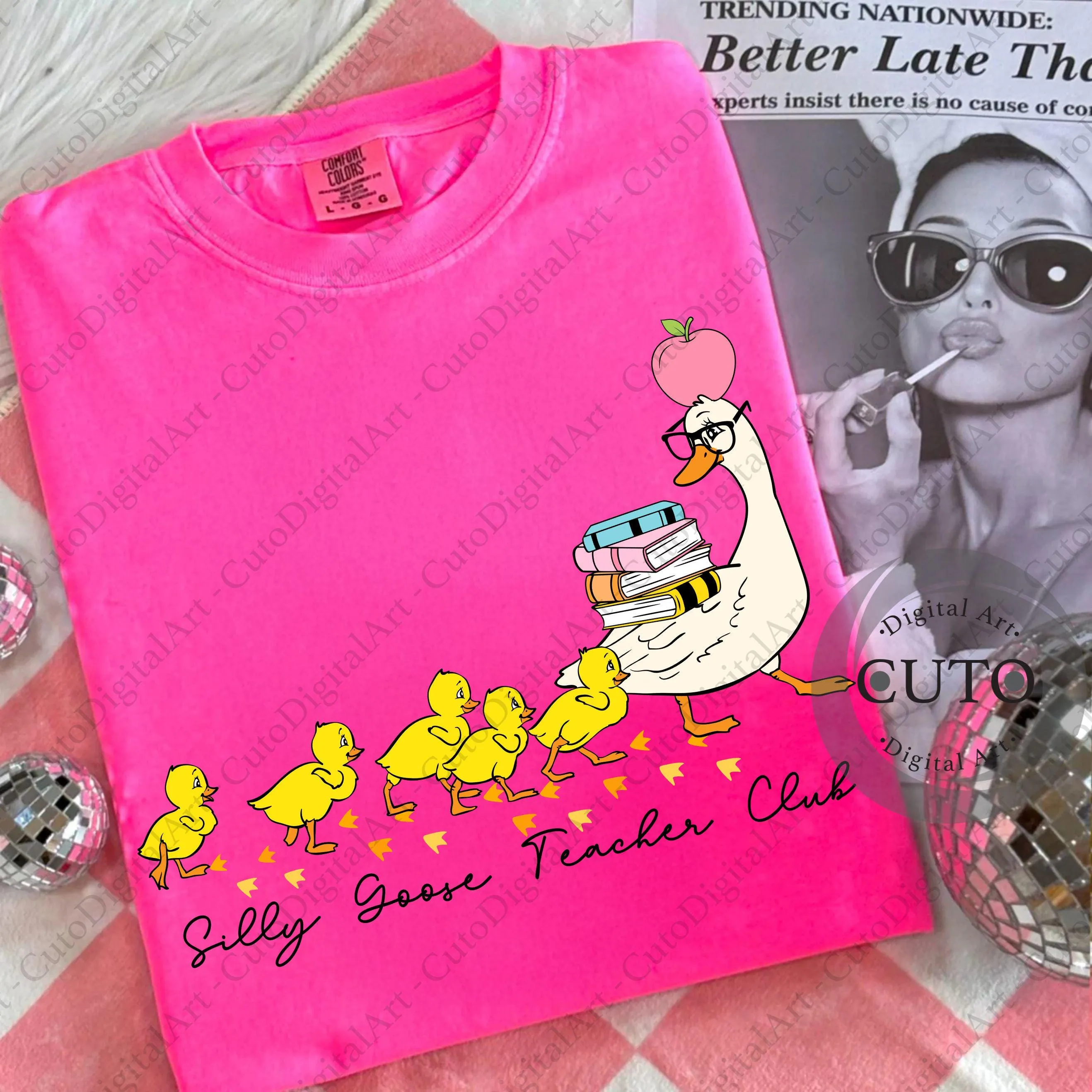 Silly Goose Teacher Club Design for T-Shirts and Sweatshirts with Cute Ducklings and Books - Transparent PNG Digital Download