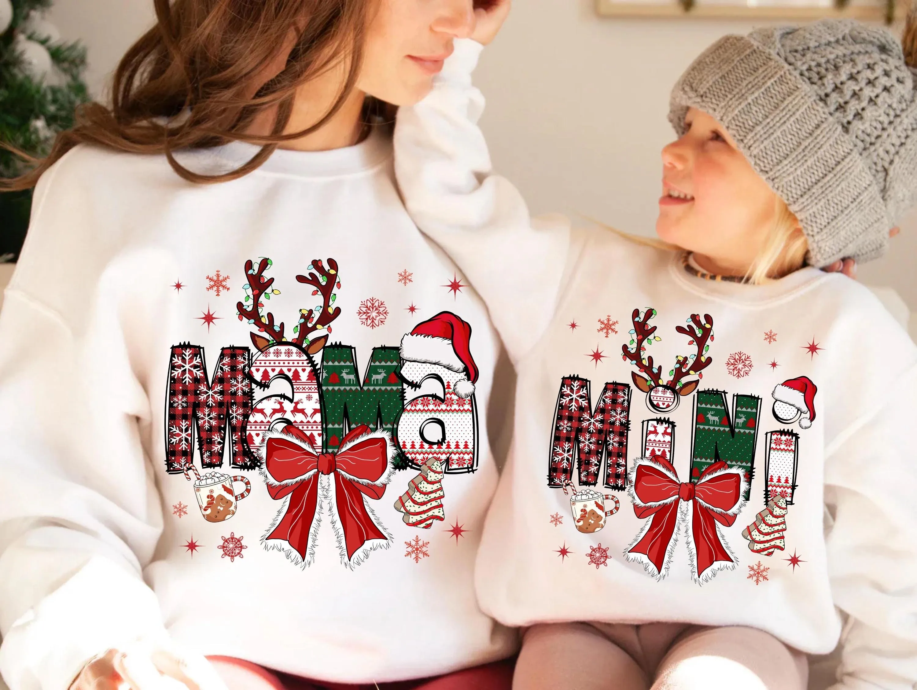Christmas Mama And Mini Sublimation Design | Holiday Reindeer Buffalo Plaid Pattern with Bow | Winter Santa Hat PNG for T-shirts Sweatshirts