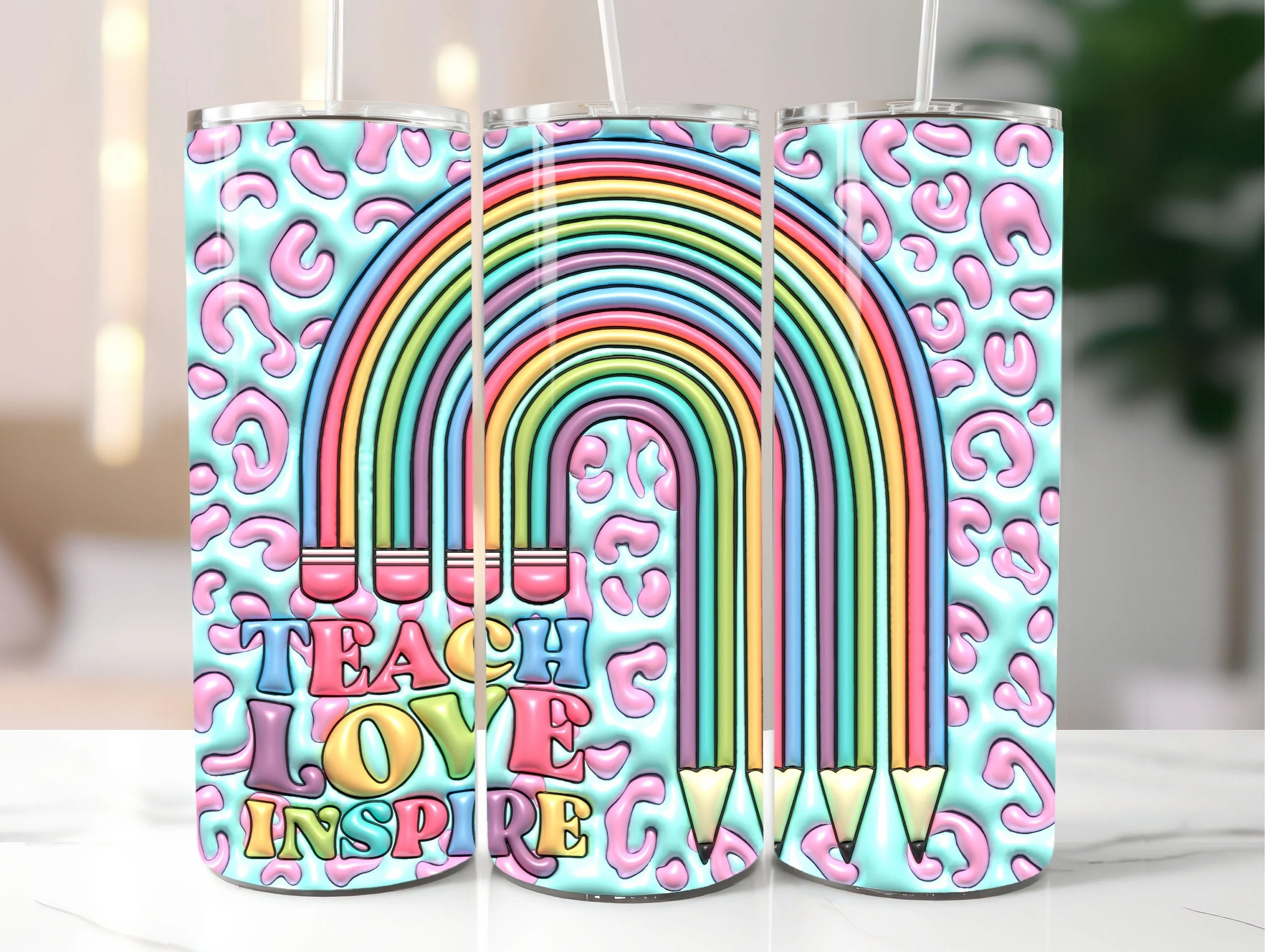 3D Teacher Rainbow Inflated Tumbler Wrap PNG - Teacher Pencil Puff Tumbler Sublimation - 20oz Skinny Tumbler Wrap - Instant Digital Download