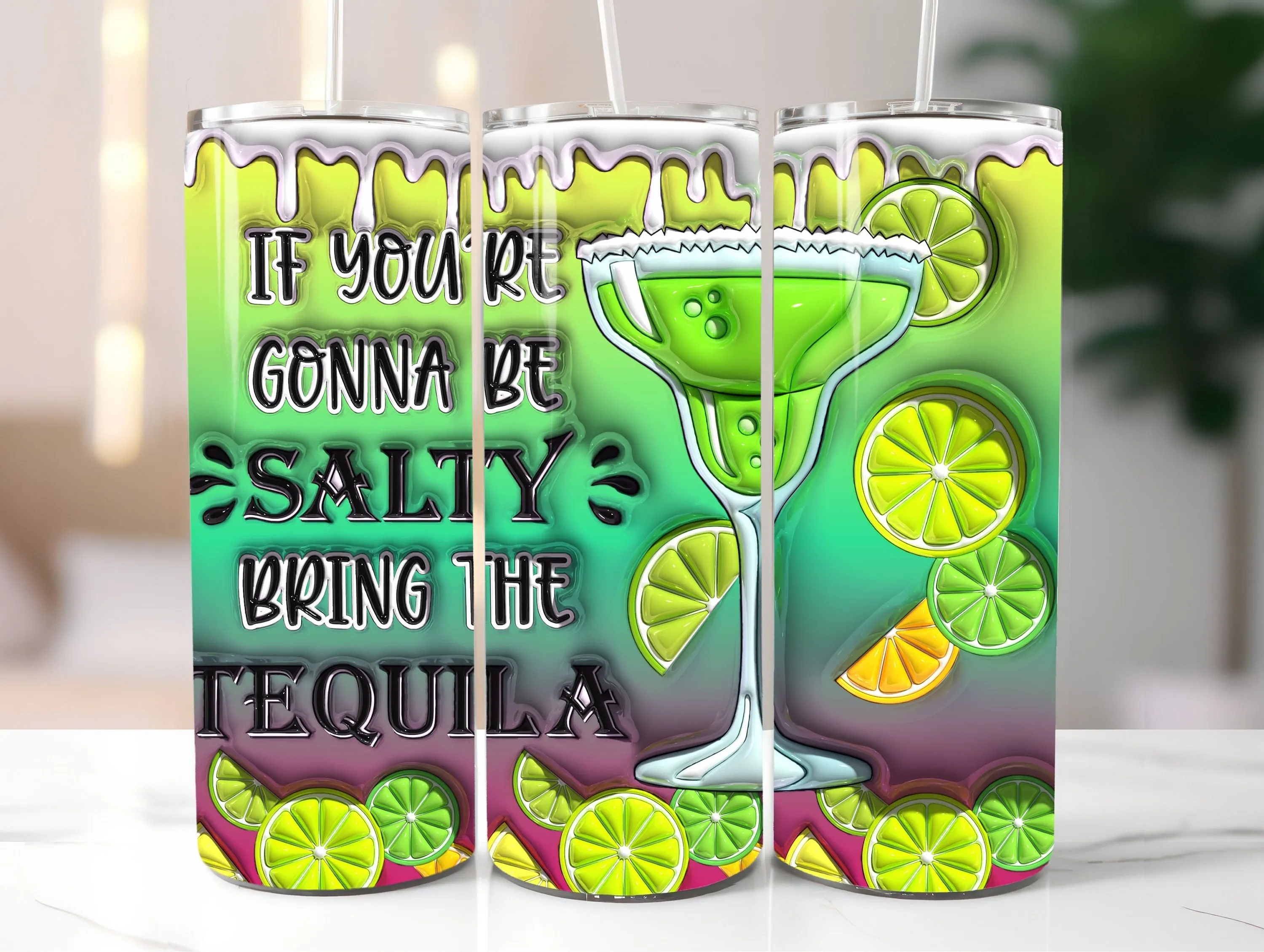 3D Tequila Inflated Tumbler Wrap PNG - 3D Puffy Cocktail 20oz Tumbler Sublimation - Margarita Skinny Tumbler Design - Instant Download