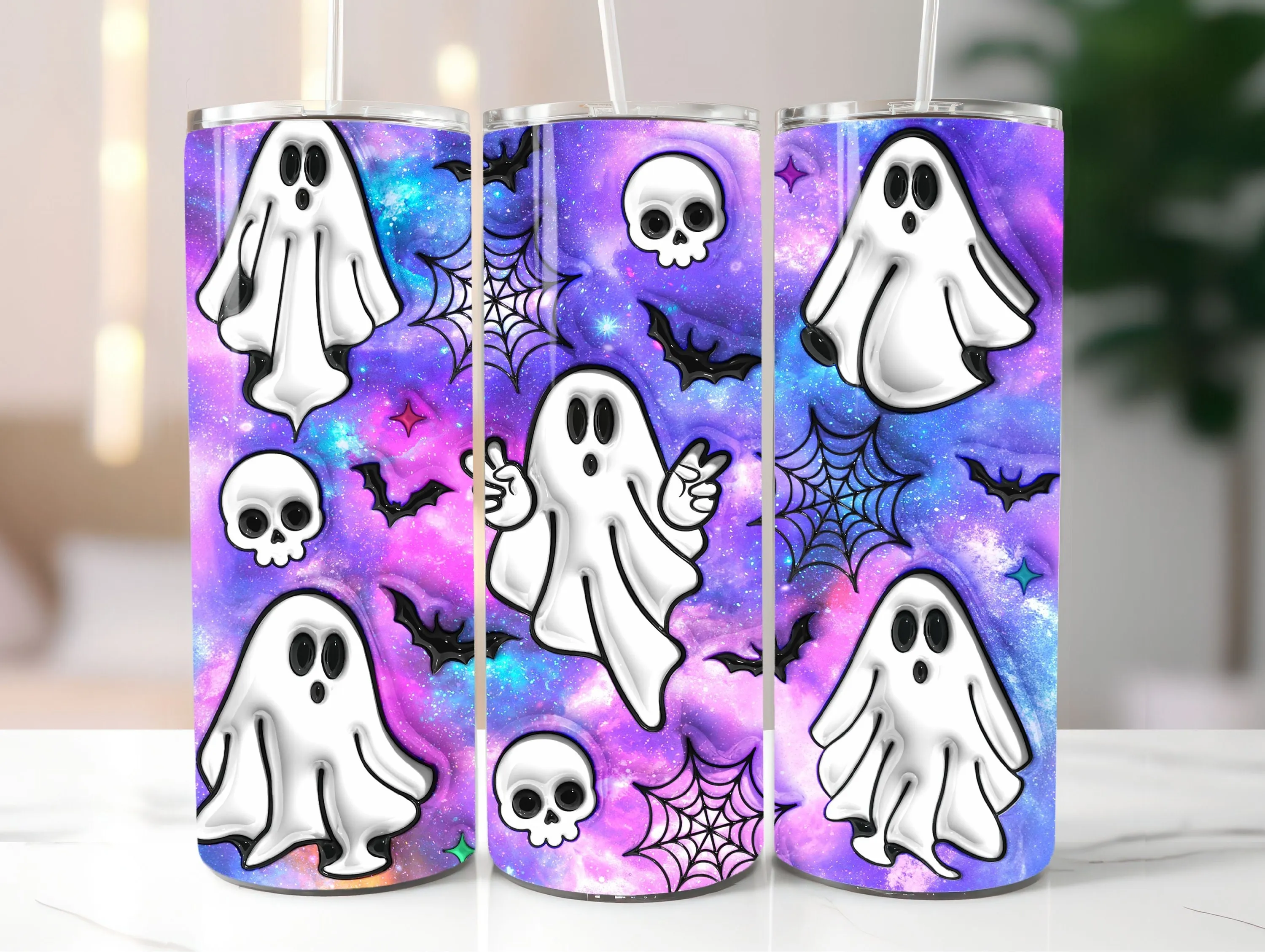 3D Inflated Halloween Ghosts and Skulls Digital Download - Spooky Purple Galaxy Tumbler Wrap - Seamless Design with Bats and Spiderwebs PNG