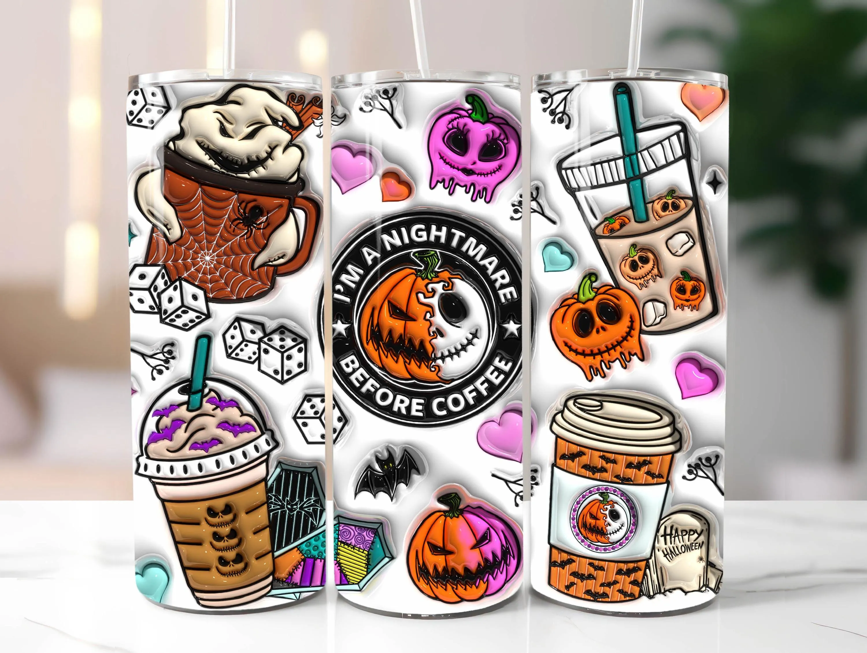 3D I'm a Nightmare Before Coffee Inflated Tumbler Wrap, Puffy Halloween Movie Character Skinny Tumbler Sublimation Design, Digital Download