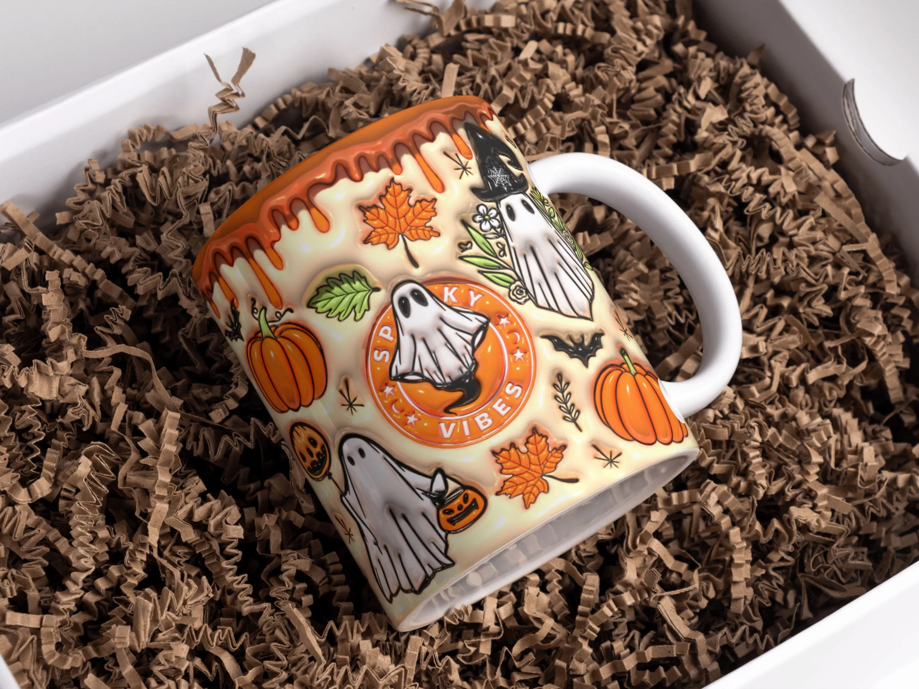 3D Orange Spooky Vibes Inflated Mug Wrap Sublimation Design 11oz & 15oz, Puff Ghost Mug PNG Sublimation Designs, Template For Sublimation