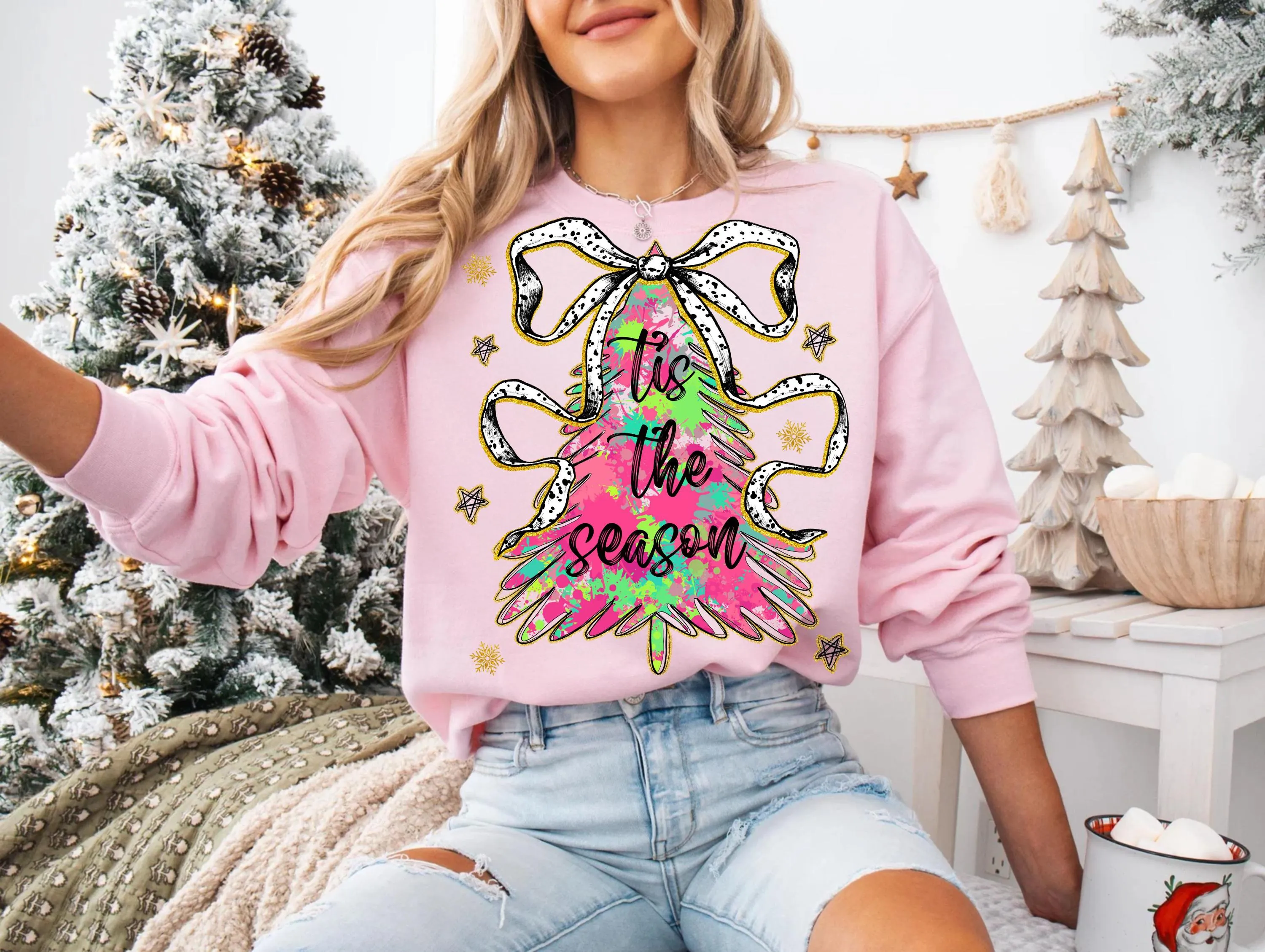 Tis The Season Christmas Watercolor Design | Pink Green Gold Holiday Transfer for Shirts | Xmas Glitter Bow Ornament Shape Digital Download