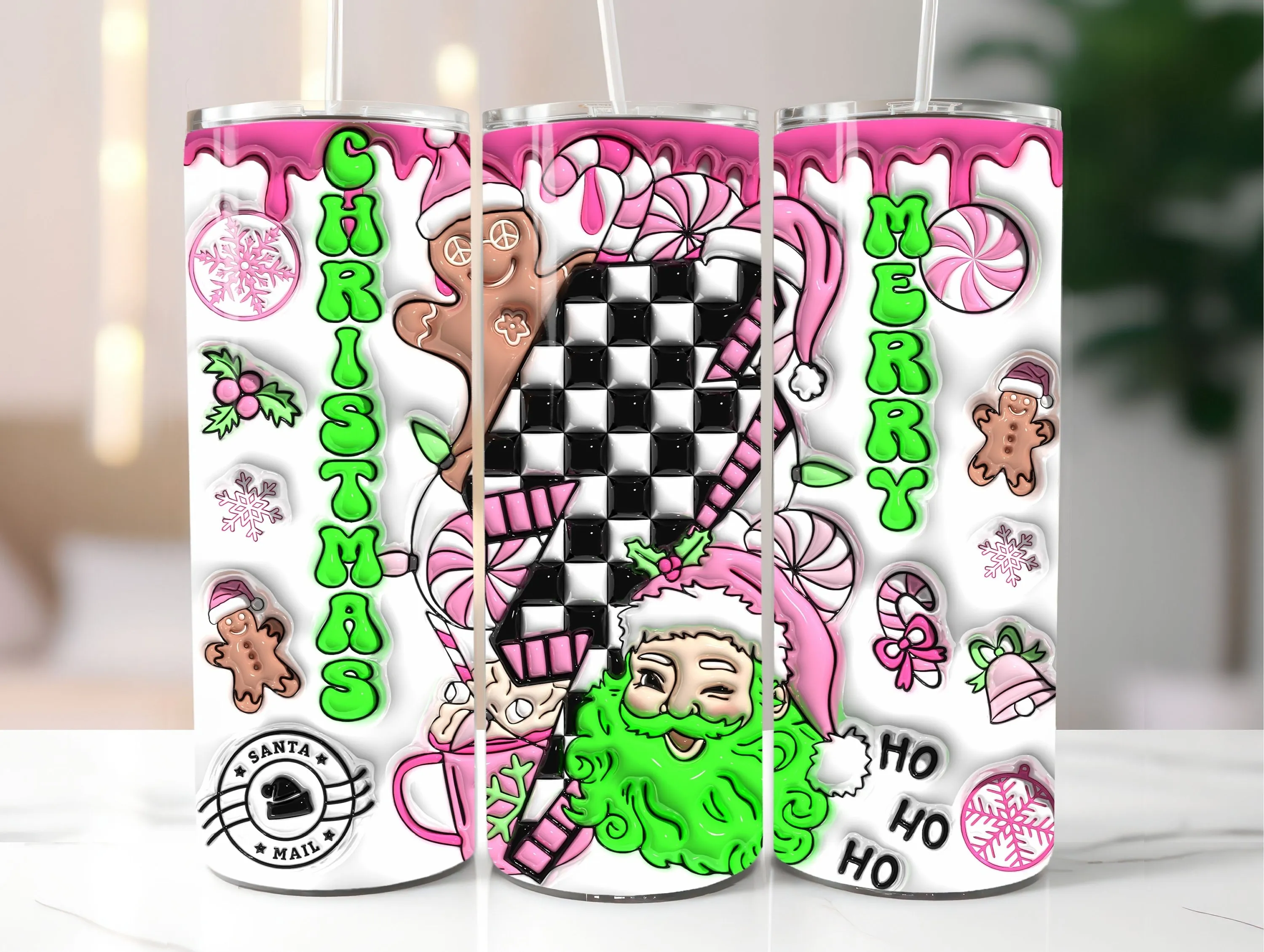 3D Retro Pink-Green Merry Christmas Inflated Tumbler Wrap Design, 3D Puffy Santa 20oz Tumbler Sublimation Design, Instant Digital Download