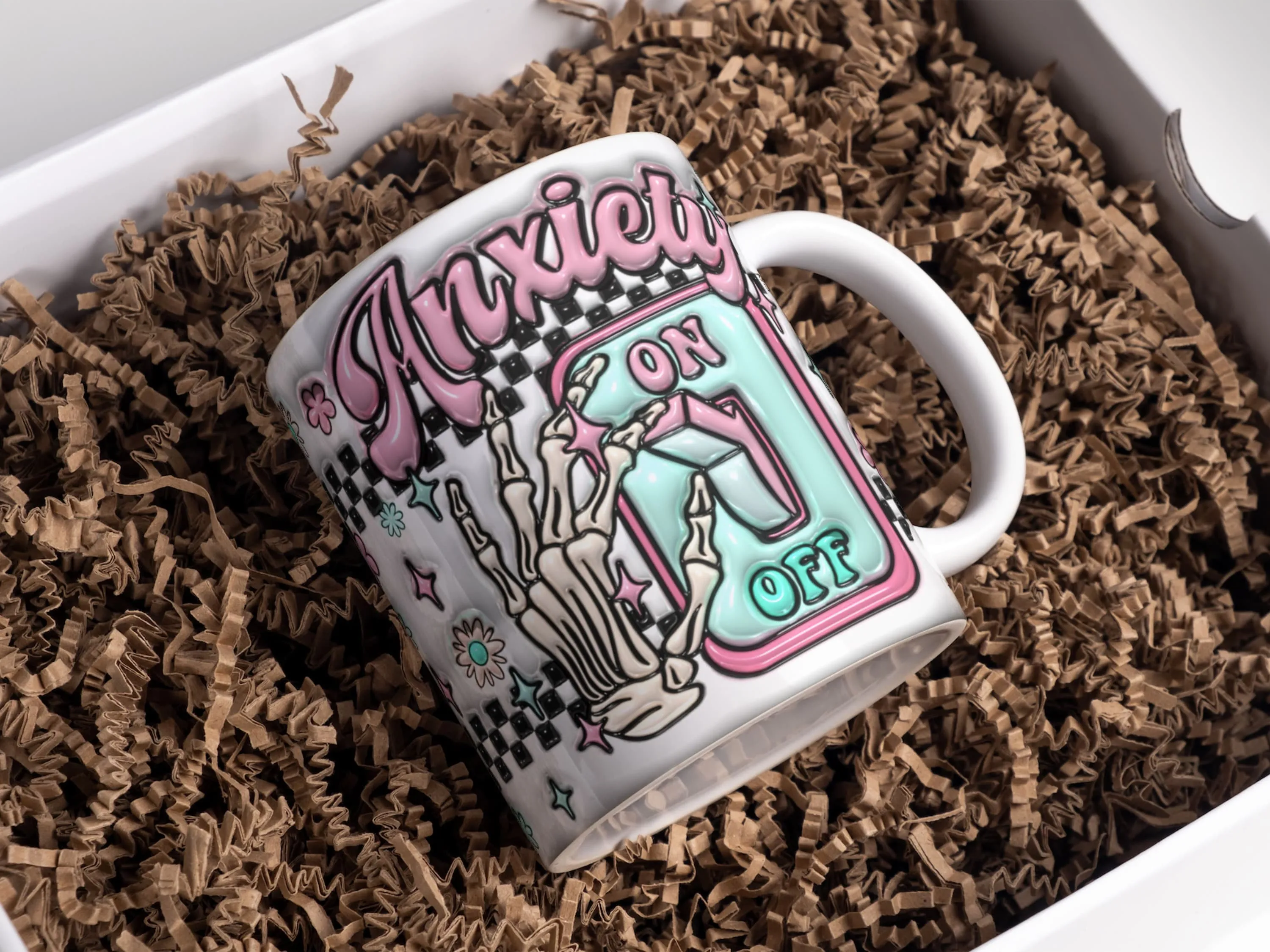3D Anxiety Off Inflated Mug Wrap Sublimation Design 11oz & 15oz, Puffy Skeleton Halloween Mug PNG, Mug Sublimation Designs