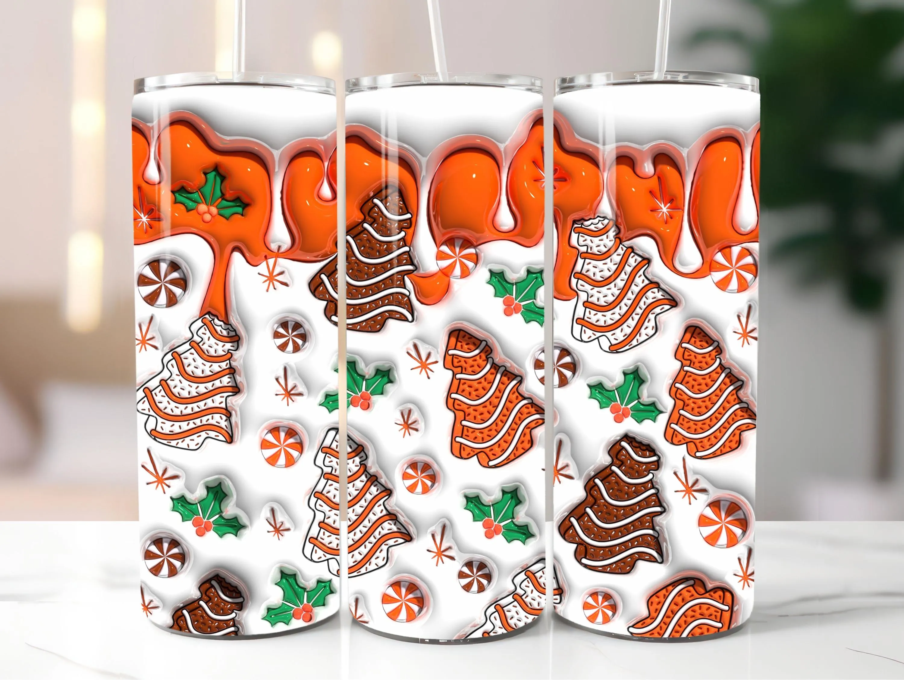 3D Orange Christmas Tree Cakes Inflated Tumbler Wrap PNG, Puffy Snack Cakes Xmas 20oz Tumbler Sublimation Design, Instant Digital Download